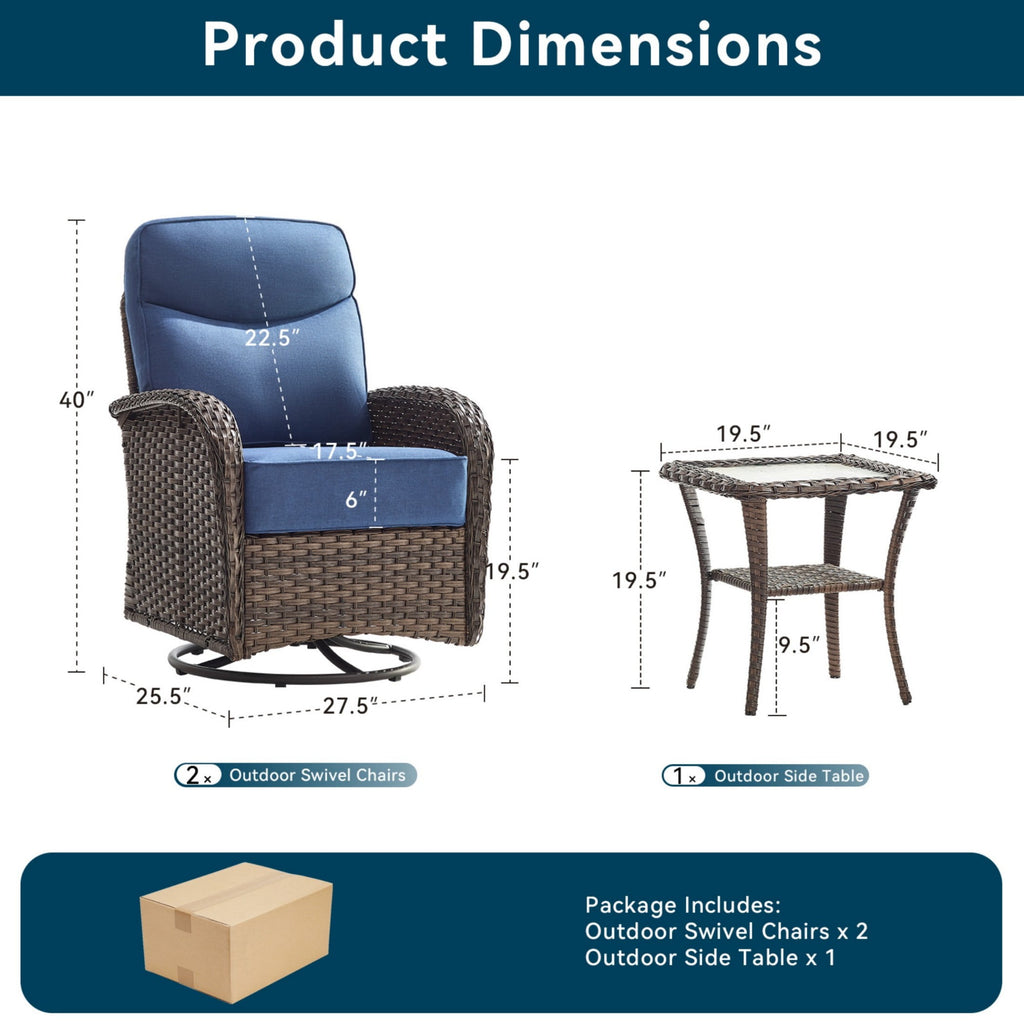 Unnifurnzi Outdoor Swivel Rocker Patio Chairs-6'' Thick Cushions Outdoor Rocking Chairs Set of 2 with Patio Side Table Patio Table and Chairs for Deck Porch Garden Balcony Poolside