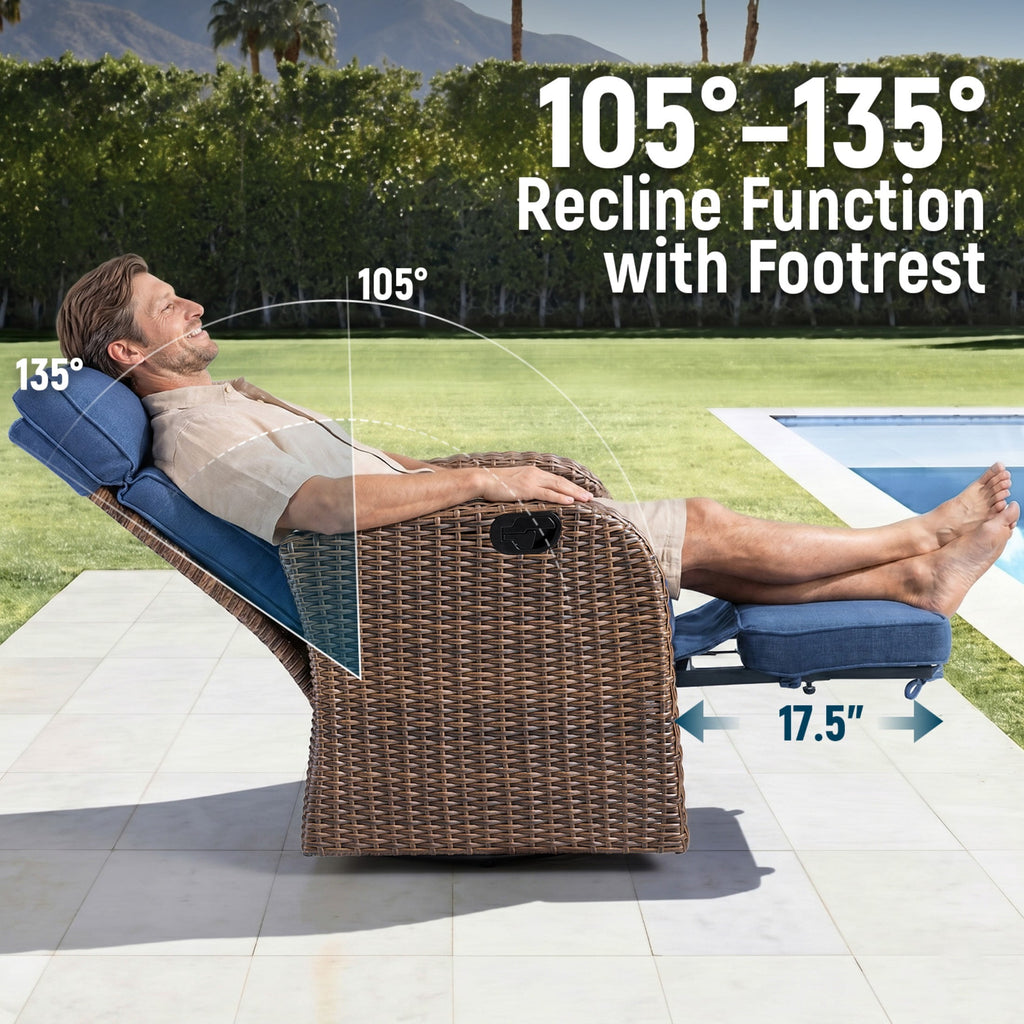 Unnifurnzi Outdoor Swivel Recliner Chair-Reclining Patio Chair with Adjustable Back & Footrest Outdoor Recliners Flip-Up Side Table for Patio Poolside Backyard