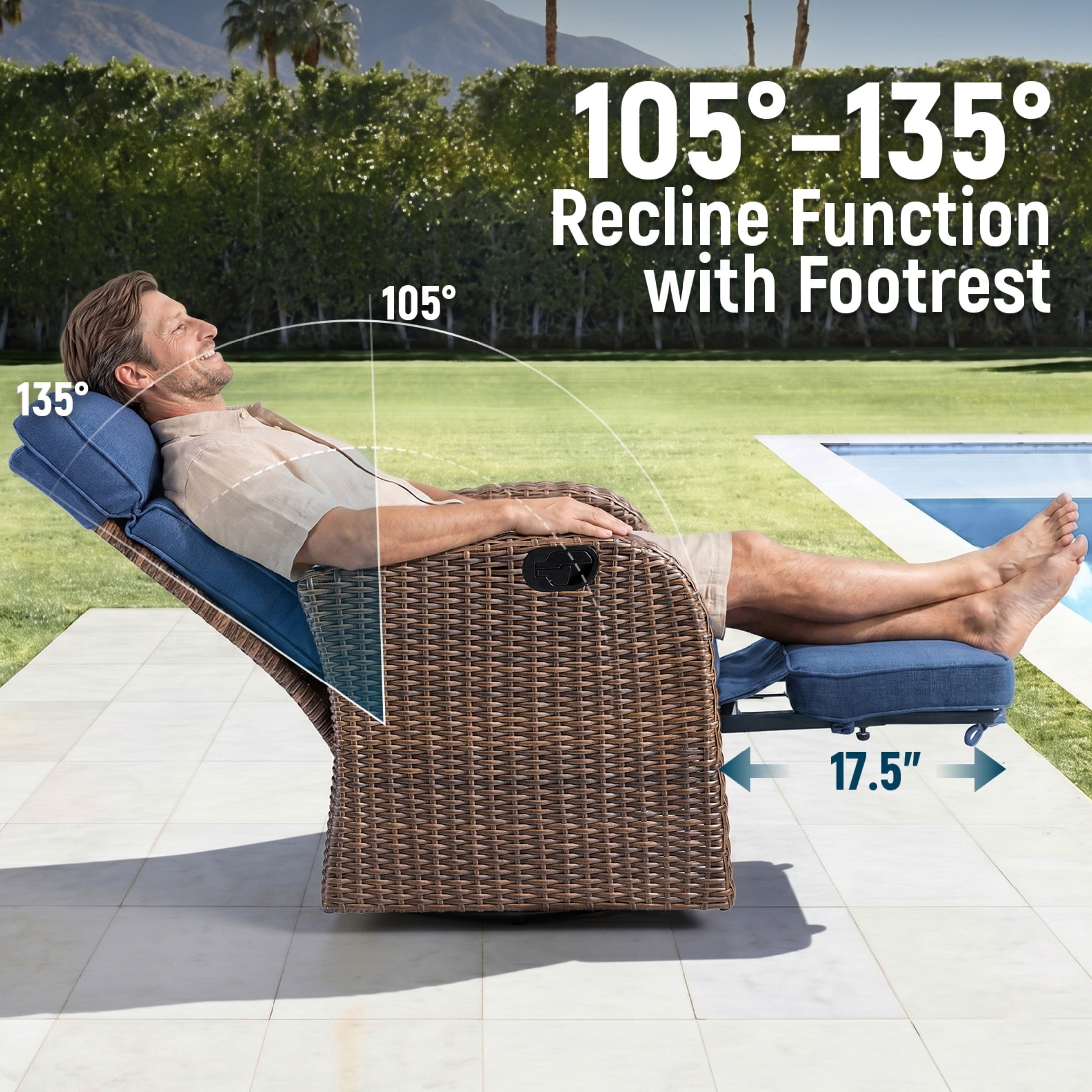 Unnifurnzi Outdoor Swivel Recliner Chair-Reclining Patio Chair with Adjustable Back & Footrest Outdoor Recliners Flip-Up Side Table for Patio Poolside Backyard