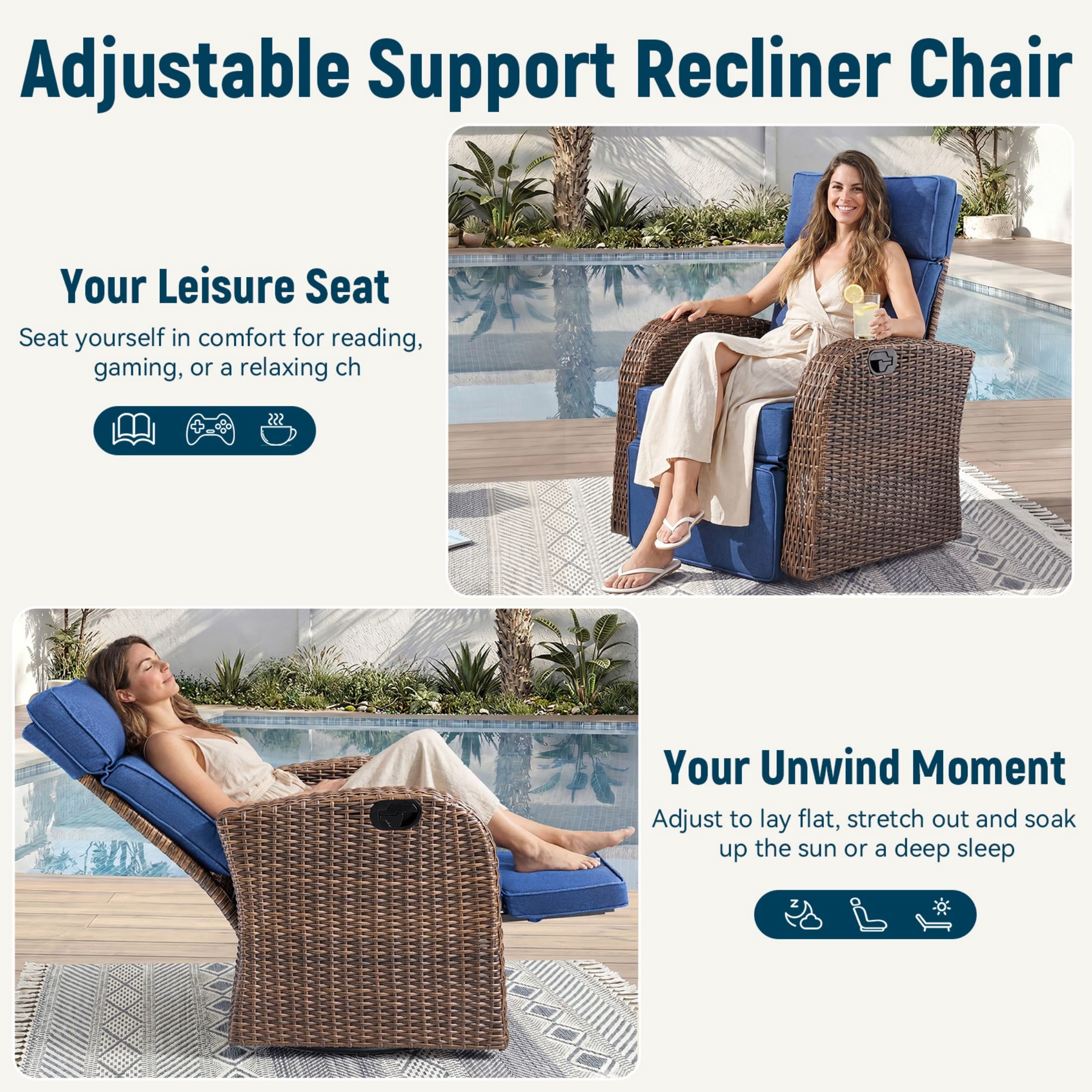 Unnifurnzi Outdoor Swivel Recliner Chair-Reclining Patio Chair with Adjustable Back & Footrest Outdoor Recliners Flip-Up Side Table for Patio Poolside Backyard