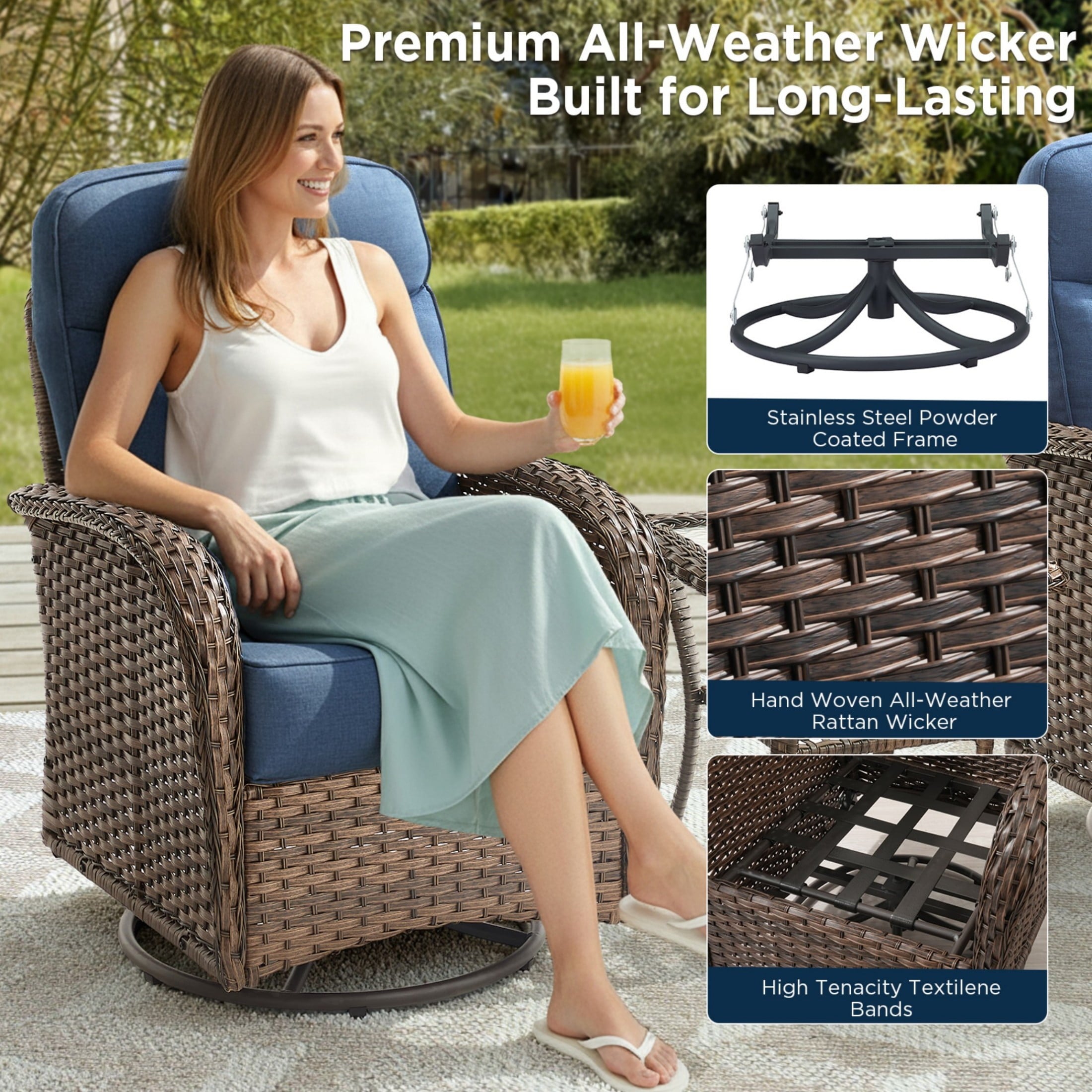 Unnifurnzi Outdoor Swivel Rocker Patio Chairs-6'' Thick Cushions Outdoor Rocking Chairs Set of 2 with Patio Side Table Patio Table and Chairs for Deck Porch Garden Balcony Poolside