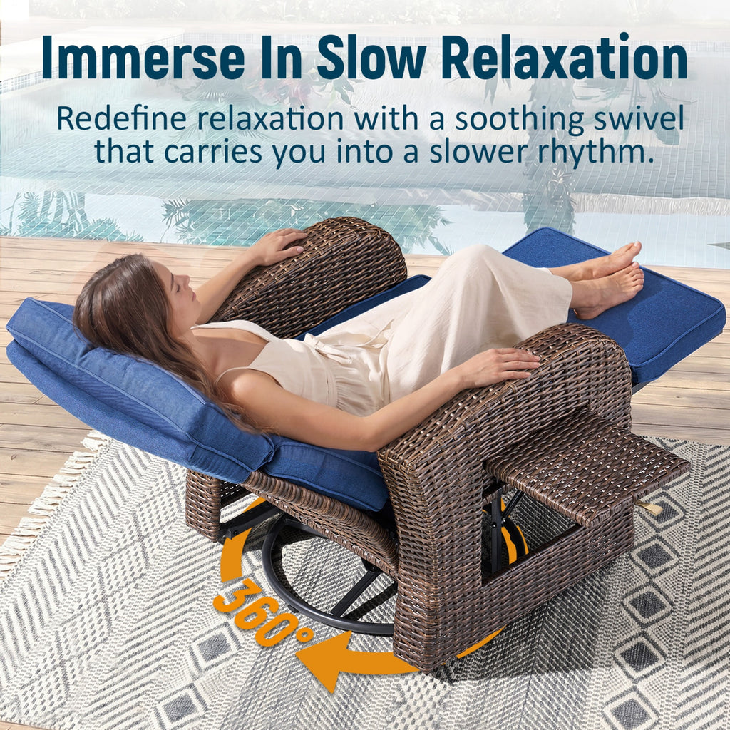 Unnifurnzi Outdoor Swivel Recliner Chair-Reclining Patio Chair with Adjustable Back & Footrest Outdoor Recliners Flip-Up Side Table for Patio Poolside Backyard