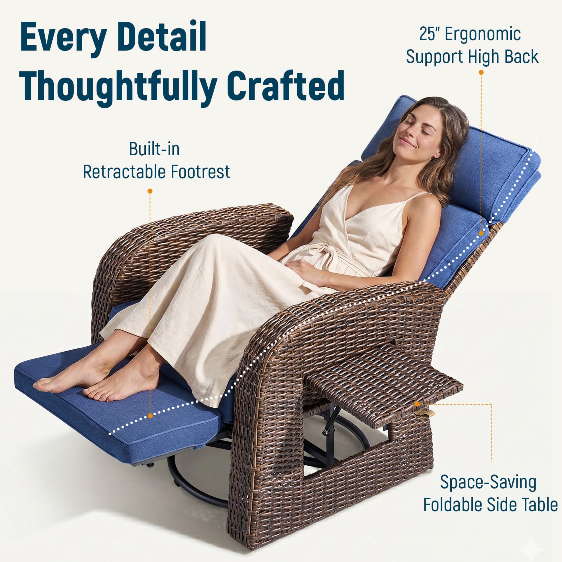 Unnifurnzi Outdoor Swivel Recliner Chair-Reclining Patio Chair with Adjustable Back & Footrest Outdoor Recliners Flip-Up Side Table for Patio Poolside Backyard