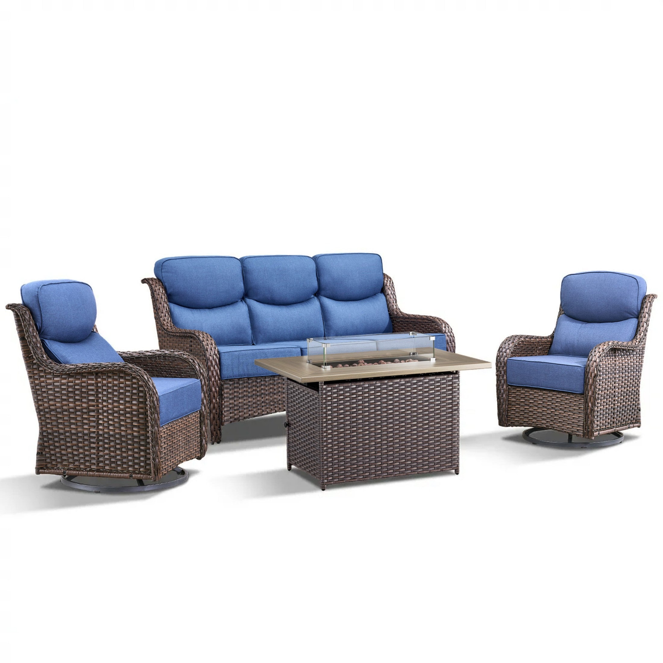 Unnifurnzi 4 Pieces Patio Furniture Set with Fire Pit Table-High Back Outdoor Swivel Chairs Set of 2 with Outdoor Wicker Couch Patio Conversation Sets for Deck Porch Poolside