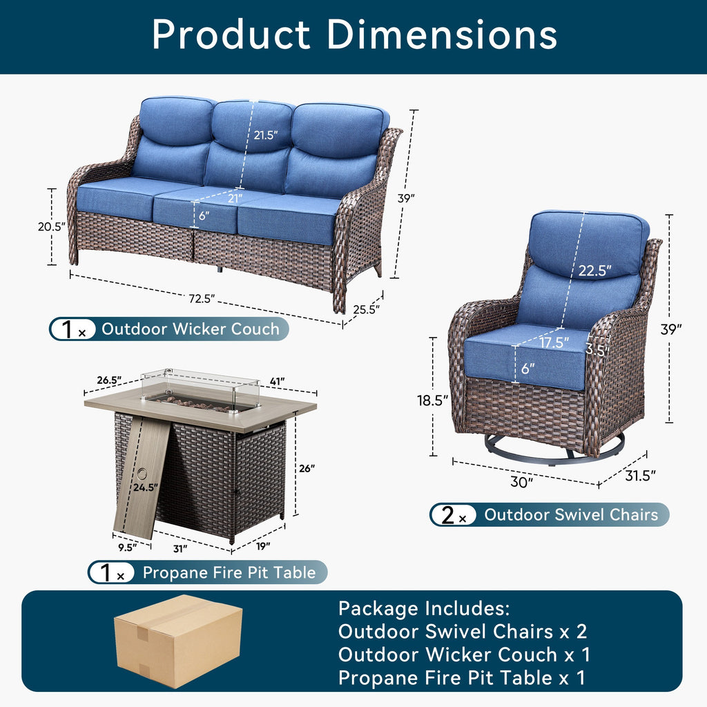 Unnifurnzi 4 Pieces Patio Furniture Set with Fire Pit Table-High Back Outdoor Swivel Chairs Set of 2 with Outdoor Wicker Couch Patio Conversation Sets for Deck Porch Poolside