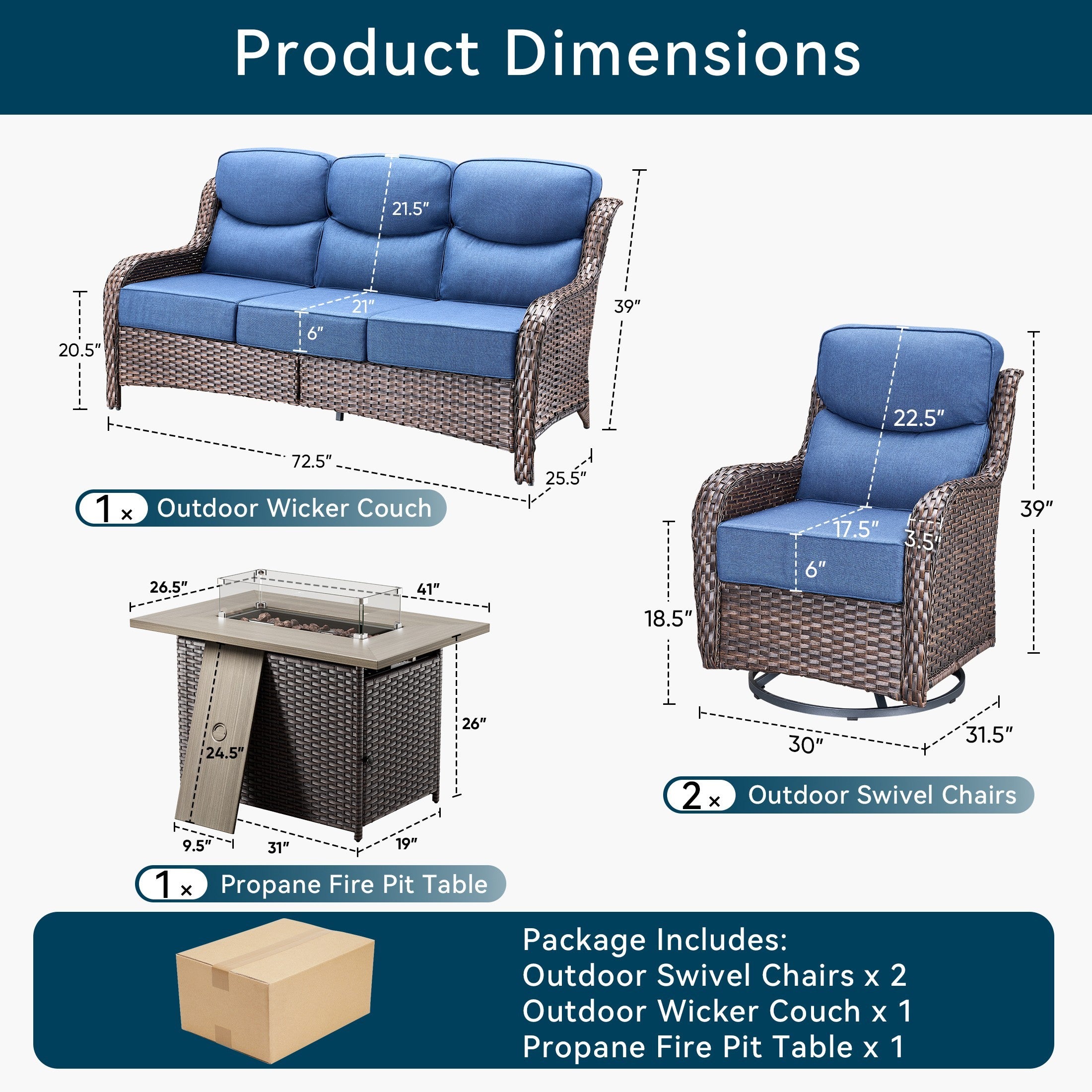 Unnifurnzi 4 Pieces Patio Furniture Set with Fire Pit Table-High Back Outdoor Swivel Chairs Set of 2 with Outdoor Wicker Couch Patio Conversation Sets for Deck Porch Poolside