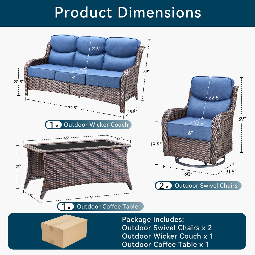 Unnifurnzi 4 Pieces Patio Furniture Set-High Back Outdoor Swivel Chairs Set of 2 with Outdoor Wicker Couch Patio Conversation Sets for Deck Porch Poolside Balcony