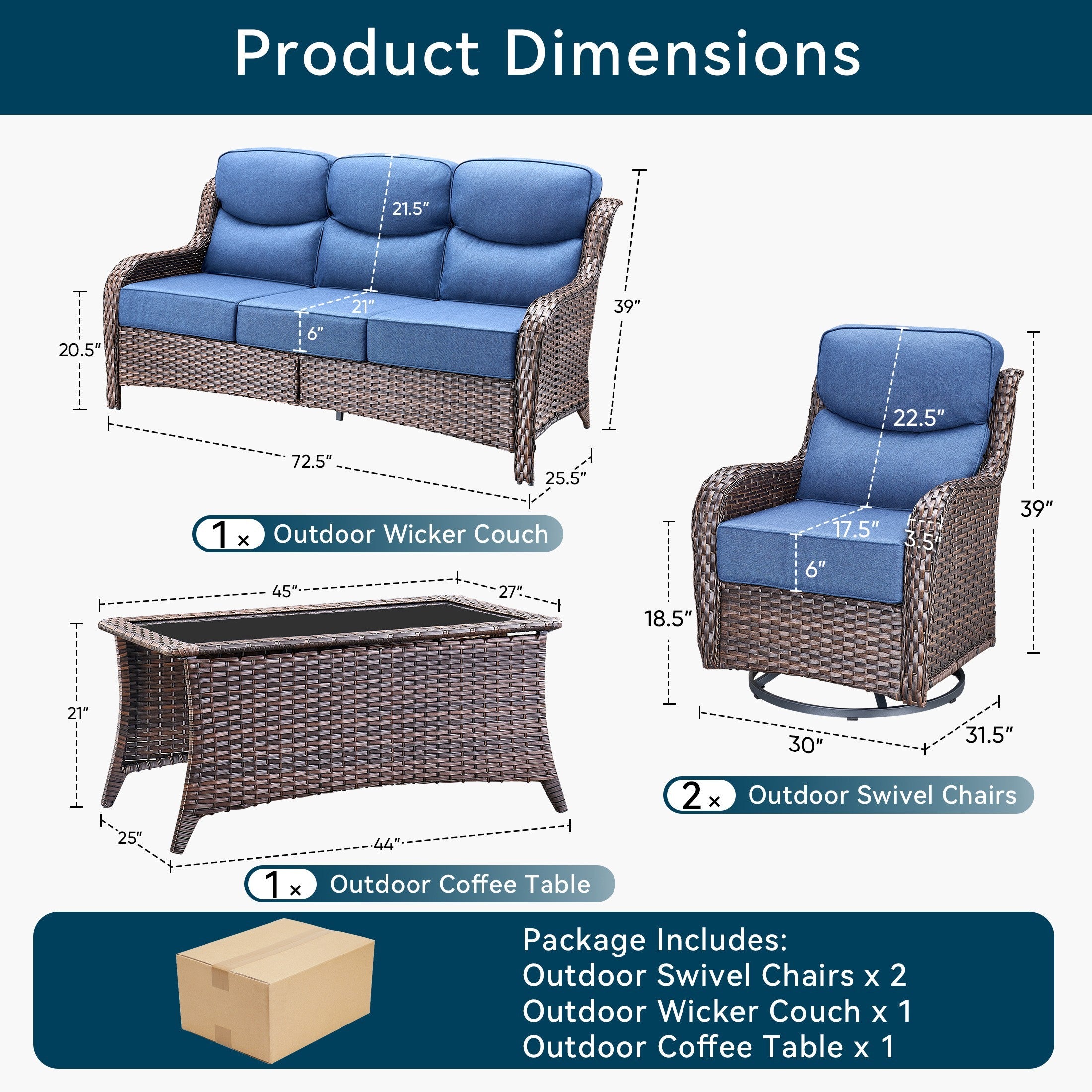 Unnifurnzi 4 Pieces Patio Furniture Set-High Back Outdoor Swivel Chairs Set of 2 with Outdoor Wicker Couch Patio Conversation Sets for Deck Porch Poolside Balcony