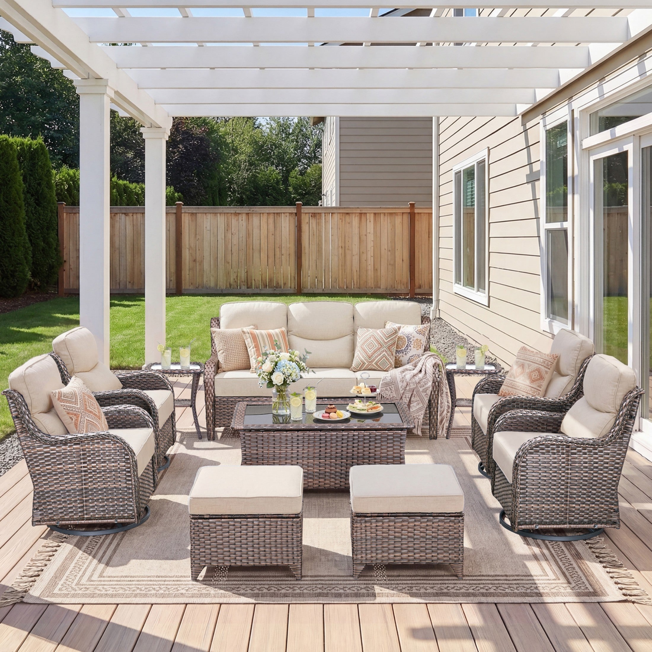 Unnifurnzi 4 Pieces Patio Furniture Set-High Back Outdoor Swivel Chairs Set of 2 with Outdoor Wicker Couch Patio Conversation Sets for Deck Porch Poolside Balcony