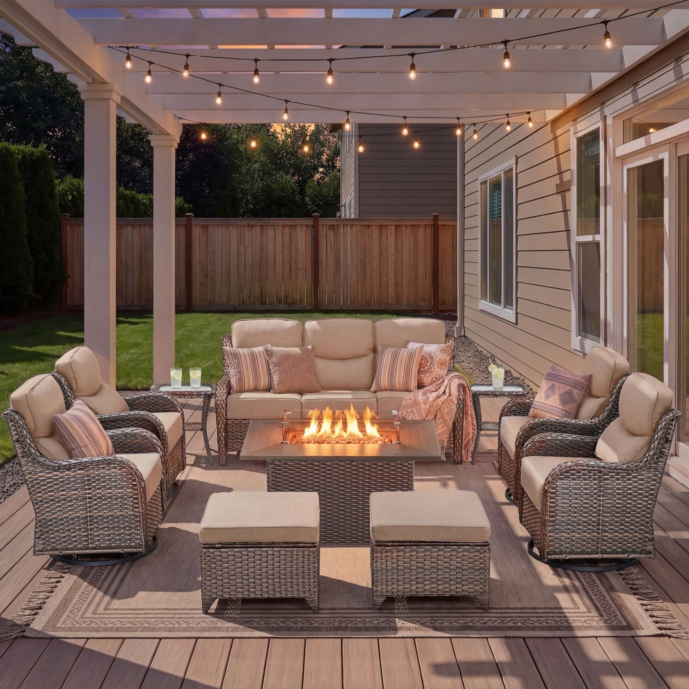 Unnifurnzi 4 Pieces Patio Furniture Set with Fire Pit Table-High Back Outdoor Swivel Chairs Set of 2 with Outdoor Wicker Couch Patio Conversation Sets for Deck Porch Poolside