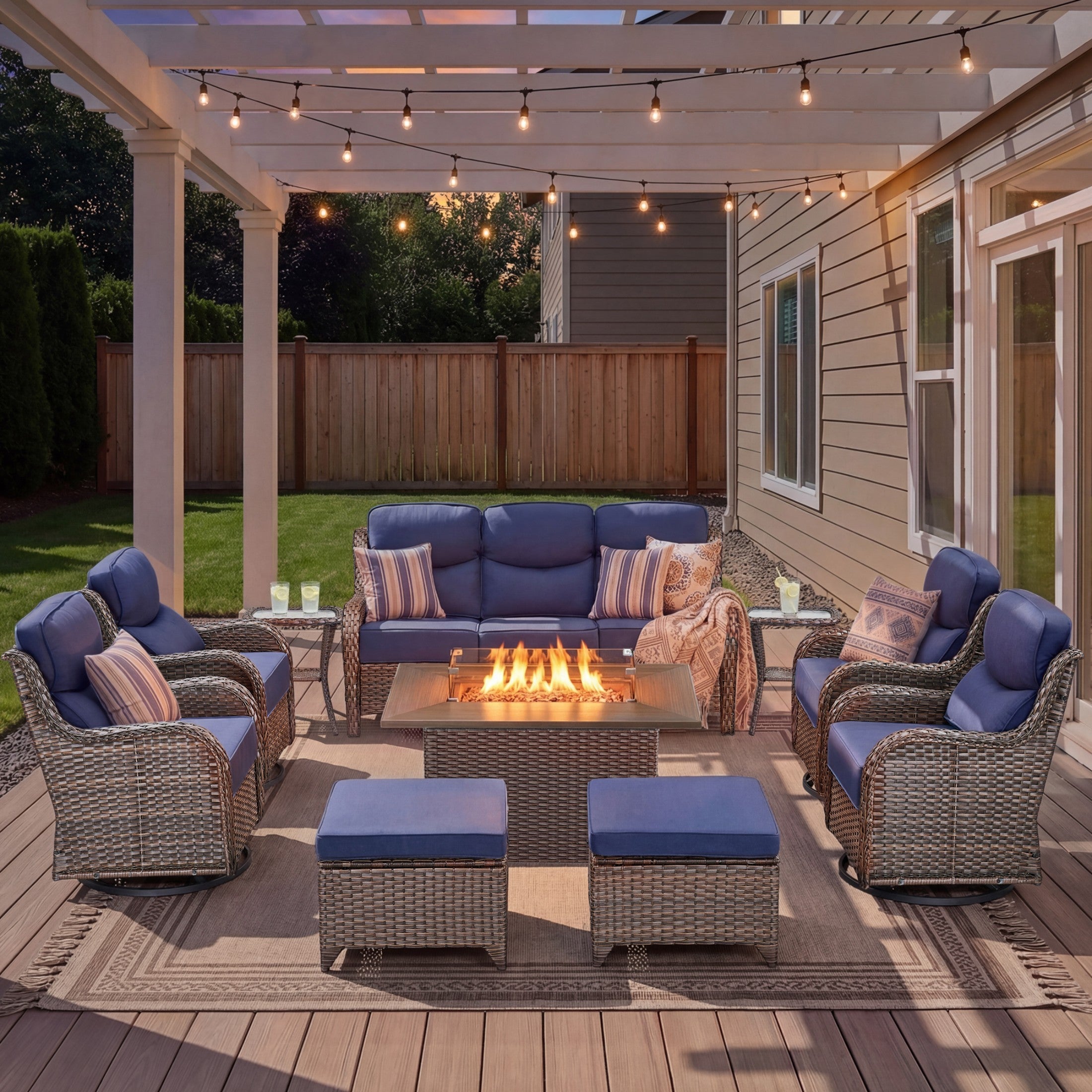 Unnifurnzi 4 Pieces Patio Furniture Set with Fire Pit Table-High Back Outdoor Swivel Chairs Set of 2 with Outdoor Wicker Couch Patio Conversation Sets for Deck Porch Poolside