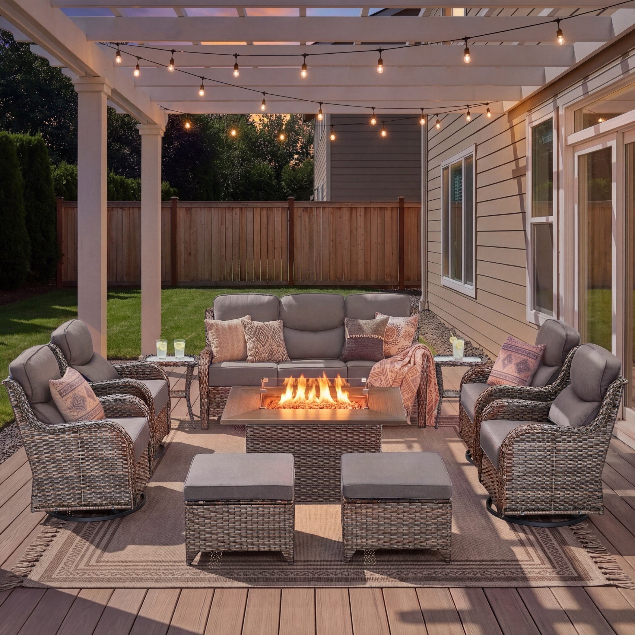 Unnifurnzi 4 Pieces Patio Furniture Set with Fire Pit Table-High Back Outdoor Swivel Chairs Set of 2 with Outdoor Wicker Couch Patio Conversation Sets for Deck Porch Poolside