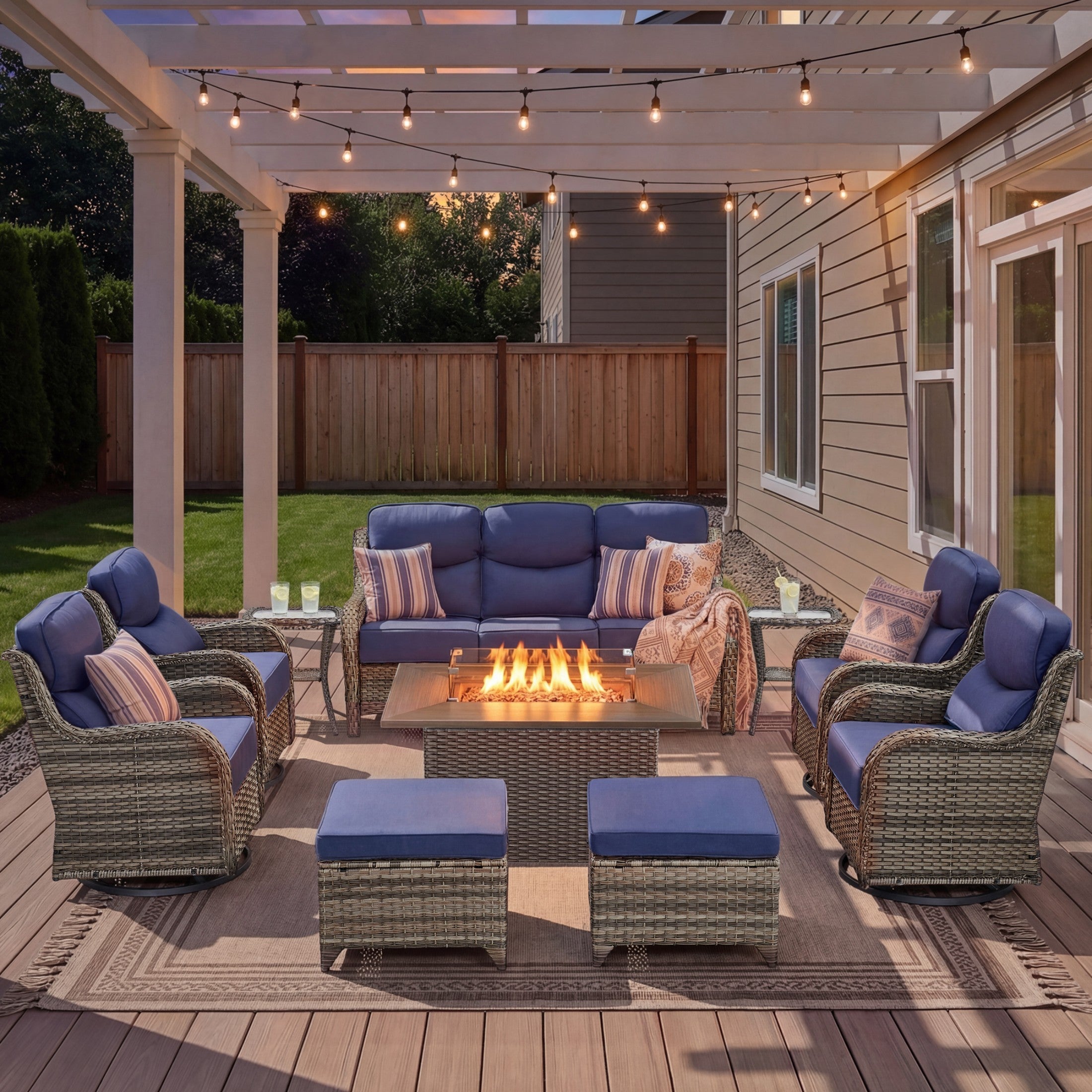 Unnifurnzi 4 Pieces Patio Furniture Set with Fire Pit Table-High Back Outdoor Swivel Chairs Set of 2 with Outdoor Wicker Couch Patio Conversation Sets for Deck Porch Poolside