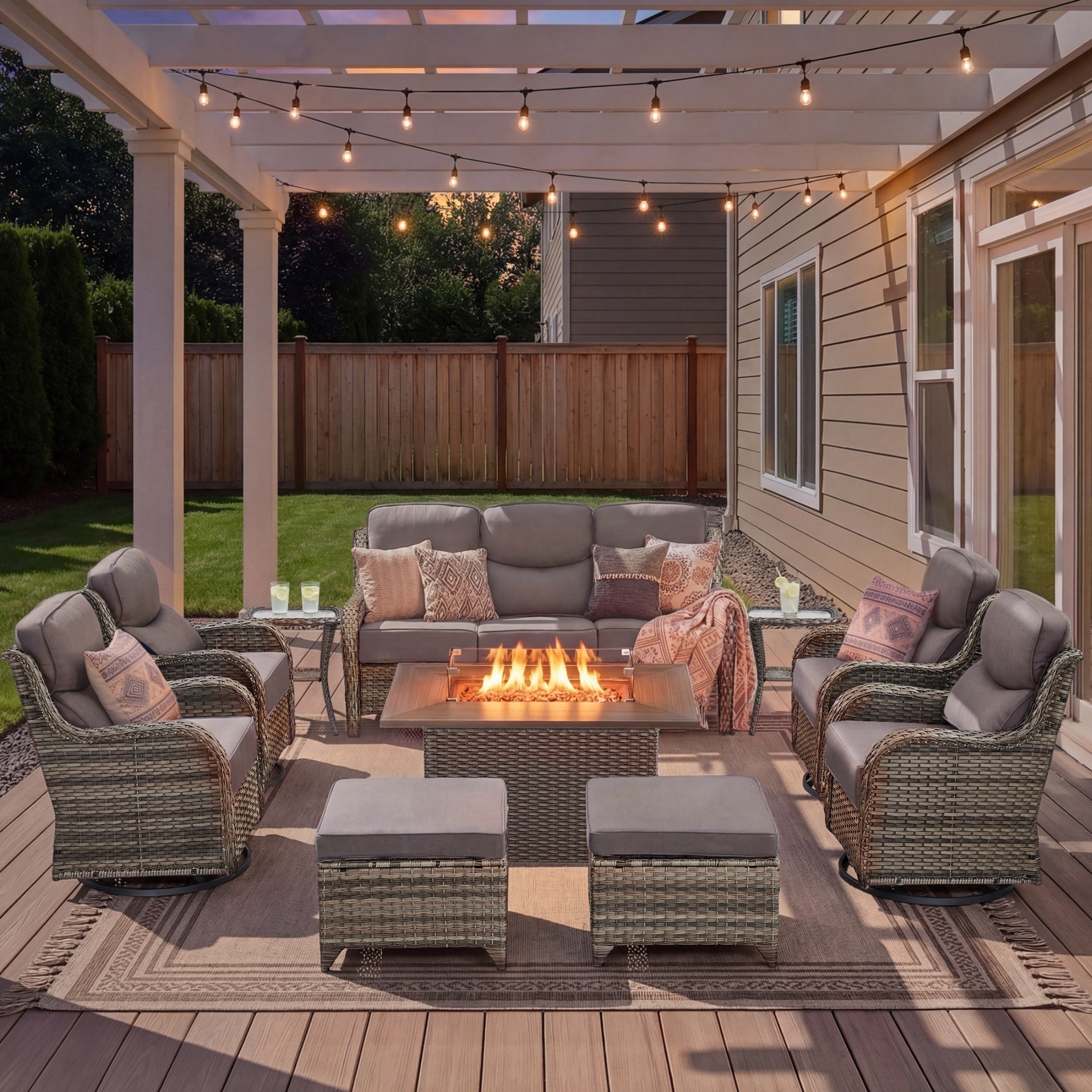 Unnifurnzi 4 Pieces Patio Furniture Set with Fire Pit Table-High Back Outdoor Swivel Chairs Set of 2 with Outdoor Wicker Couch Patio Conversation Sets for Deck Porch Poolside