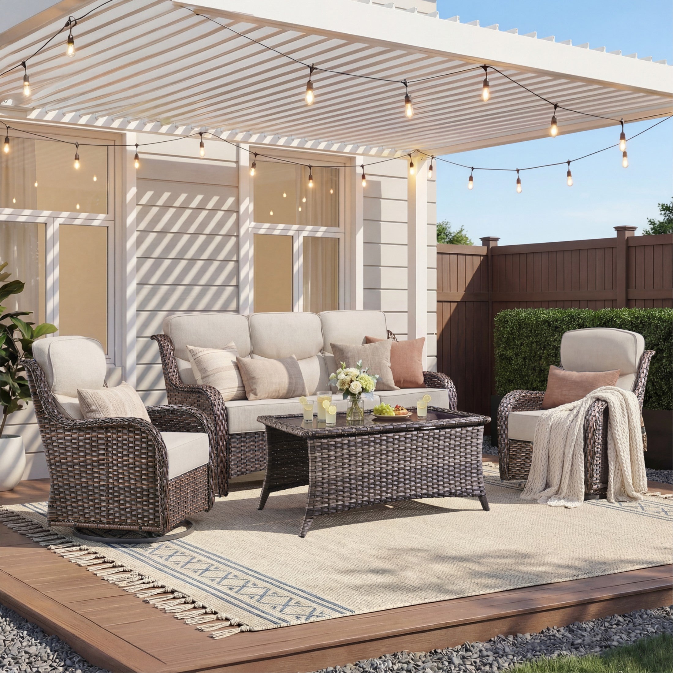 Unnifurnzi 4 Pieces Patio Furniture Set-High Back Outdoor Swivel Chairs Set of 2 with Outdoor Wicker Couch Patio Conversation Sets for Deck Porch Poolside Balcony