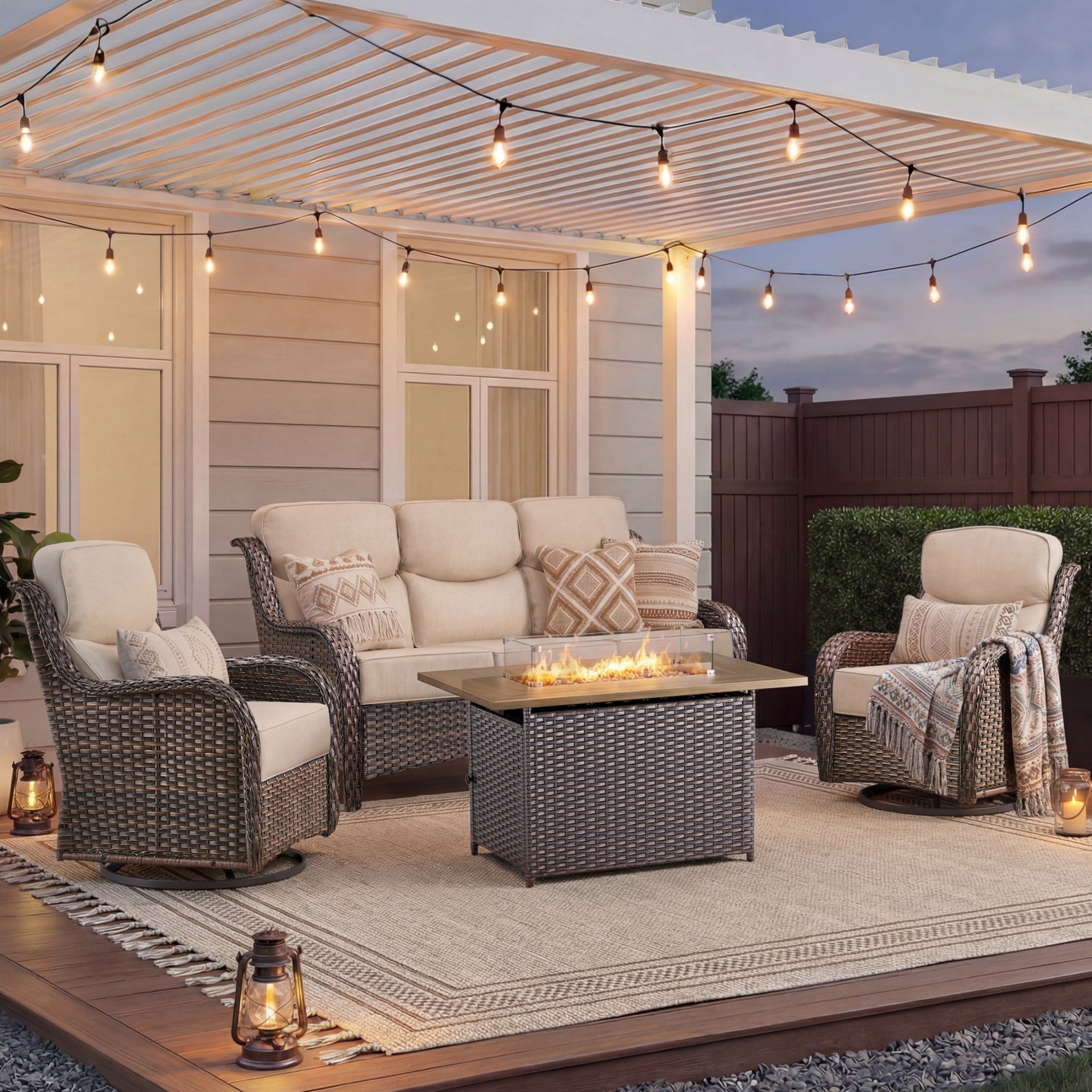 Unnifurnzi 4 Pieces Patio Furniture Set with Fire Pit Table-High Back Outdoor Swivel Chairs Set of 2 with Outdoor Wicker Couch Patio Conversation Sets for Deck Porch Poolside