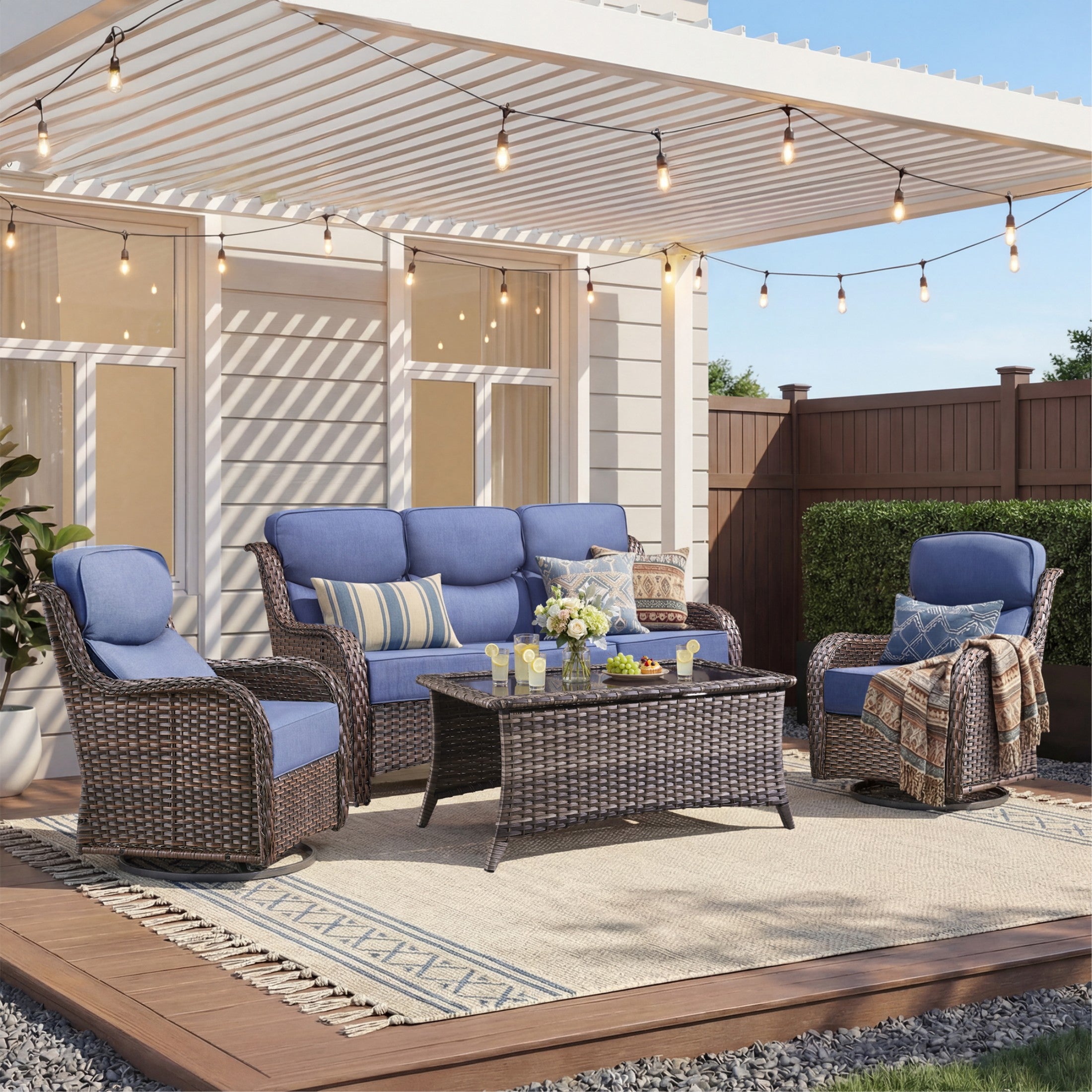 Unnifurnzi 4 Pieces Patio Furniture Set-High Back Outdoor Swivel Chairs Set of 2 with Outdoor Wicker Couch Patio Conversation Sets for Deck Porch Poolside Balcony