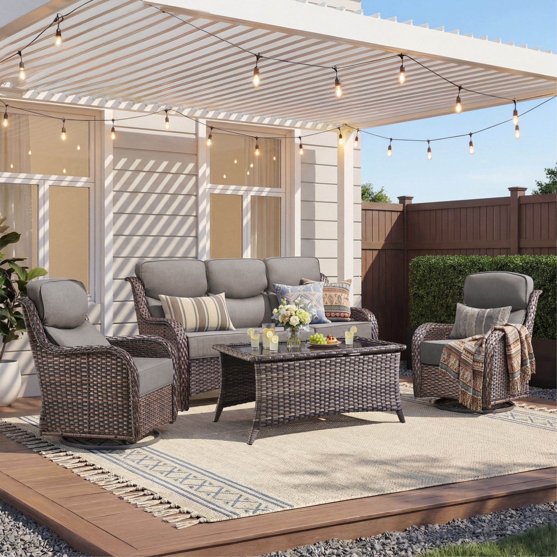 Unnifurnzi 4 Pieces Patio Furniture Set-High Back Outdoor Swivel Chairs Set of 2 with Outdoor Wicker Couch Patio Conversation Sets for Deck Porch Poolside Balcony