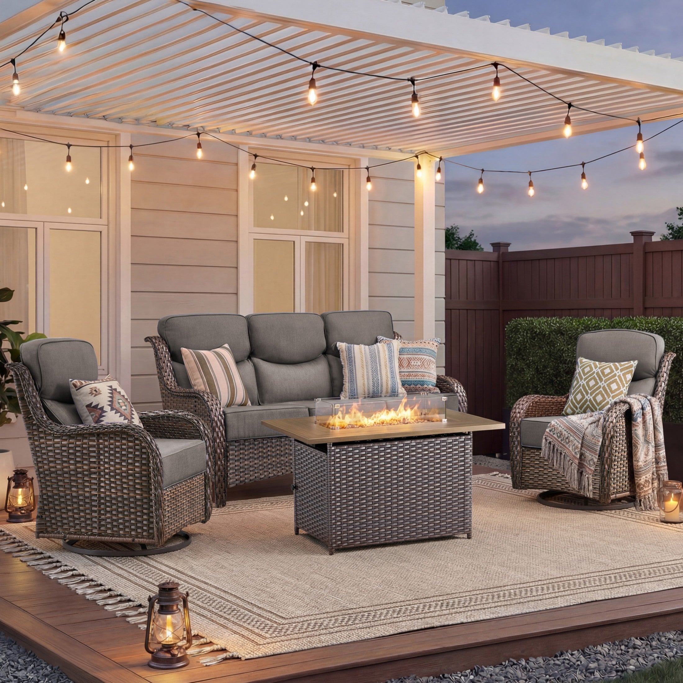 Unnifurnzi 4 Pieces Patio Furniture Set with Fire Pit Table-High Back Outdoor Swivel Chairs Set of 2 with Outdoor Wicker Couch Patio Conversation Sets for Deck Porch Poolside