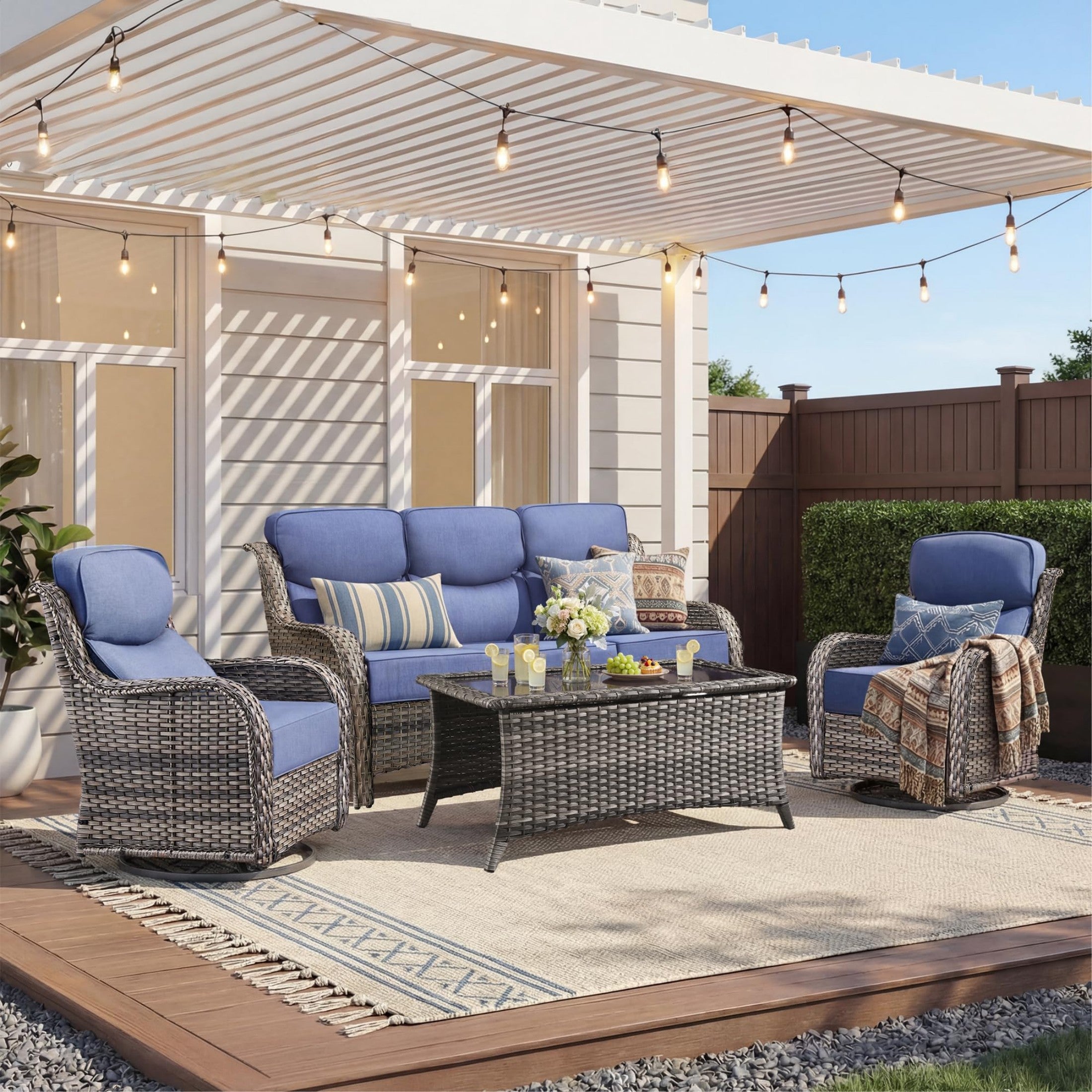 Unnifurnzi 4 Pieces Patio Furniture Set-High Back Outdoor Swivel Chairs Set of 2 with Outdoor Wicker Couch Patio Conversation Sets for Deck Porch Poolside Balcony