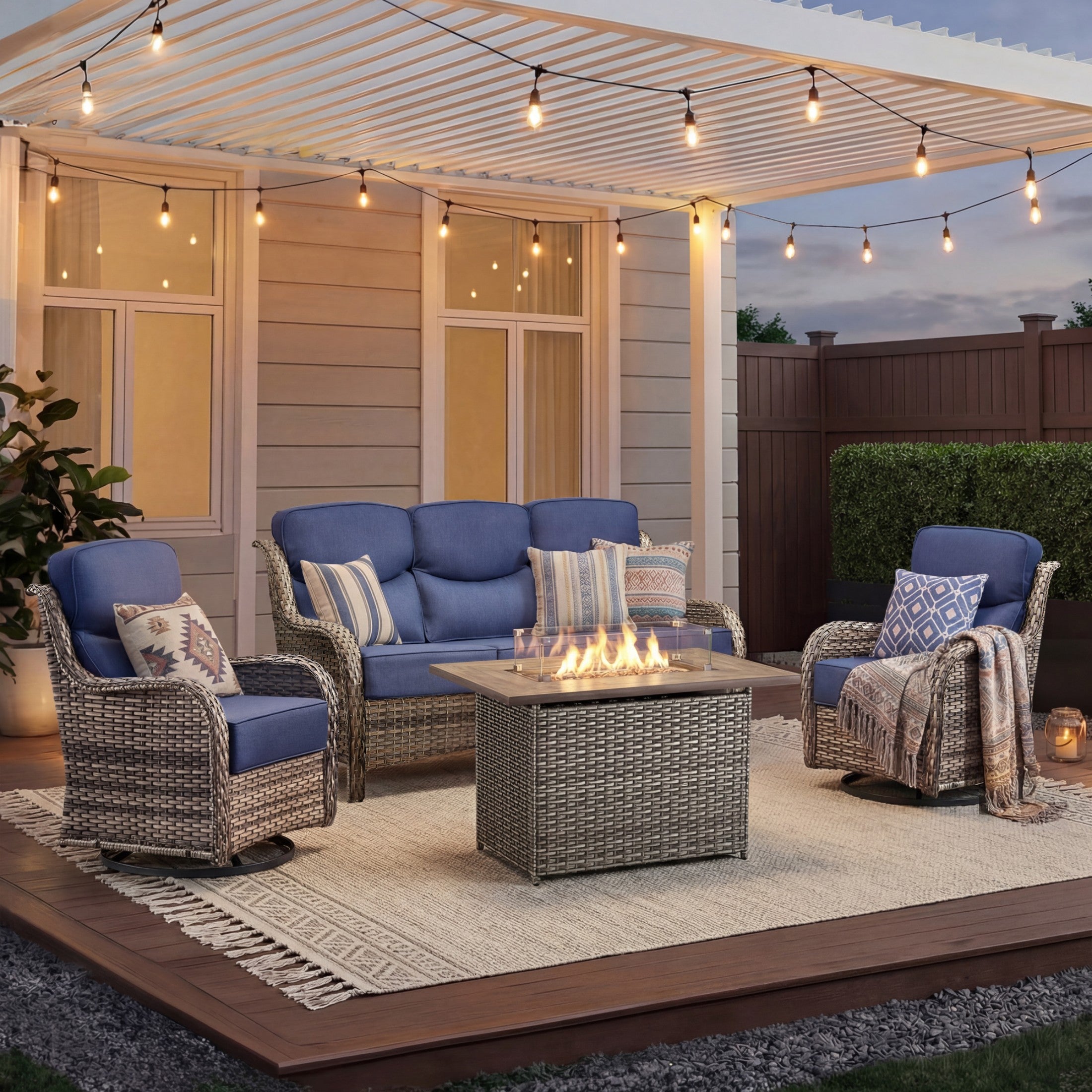 Unnifurnzi 4 Pieces Patio Furniture Set with Fire Pit Table-High Back Outdoor Swivel Chairs Set of 2 with Outdoor Wicker Couch Patio Conversation Sets for Deck Porch Poolside
