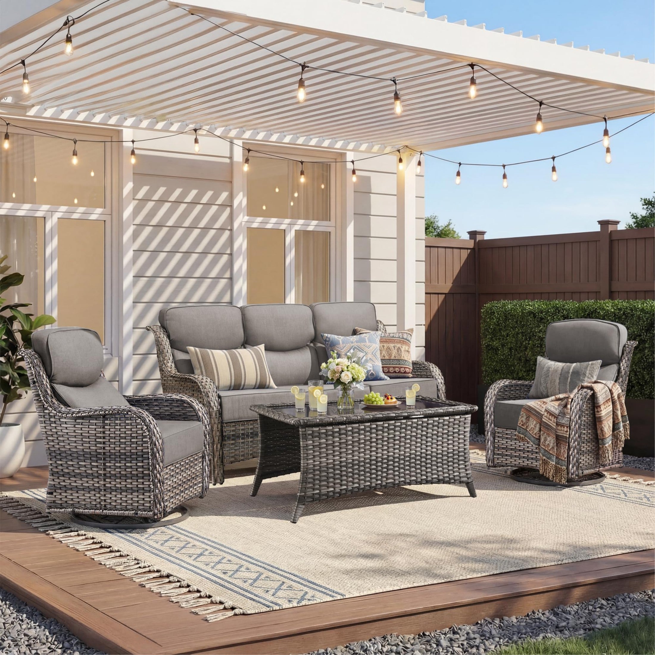 Unnifurnzi 4 Pieces Patio Furniture Set-High Back Outdoor Swivel Chairs Set of 2 with Outdoor Wicker Couch Patio Conversation Sets for Deck Porch Poolside Balcony