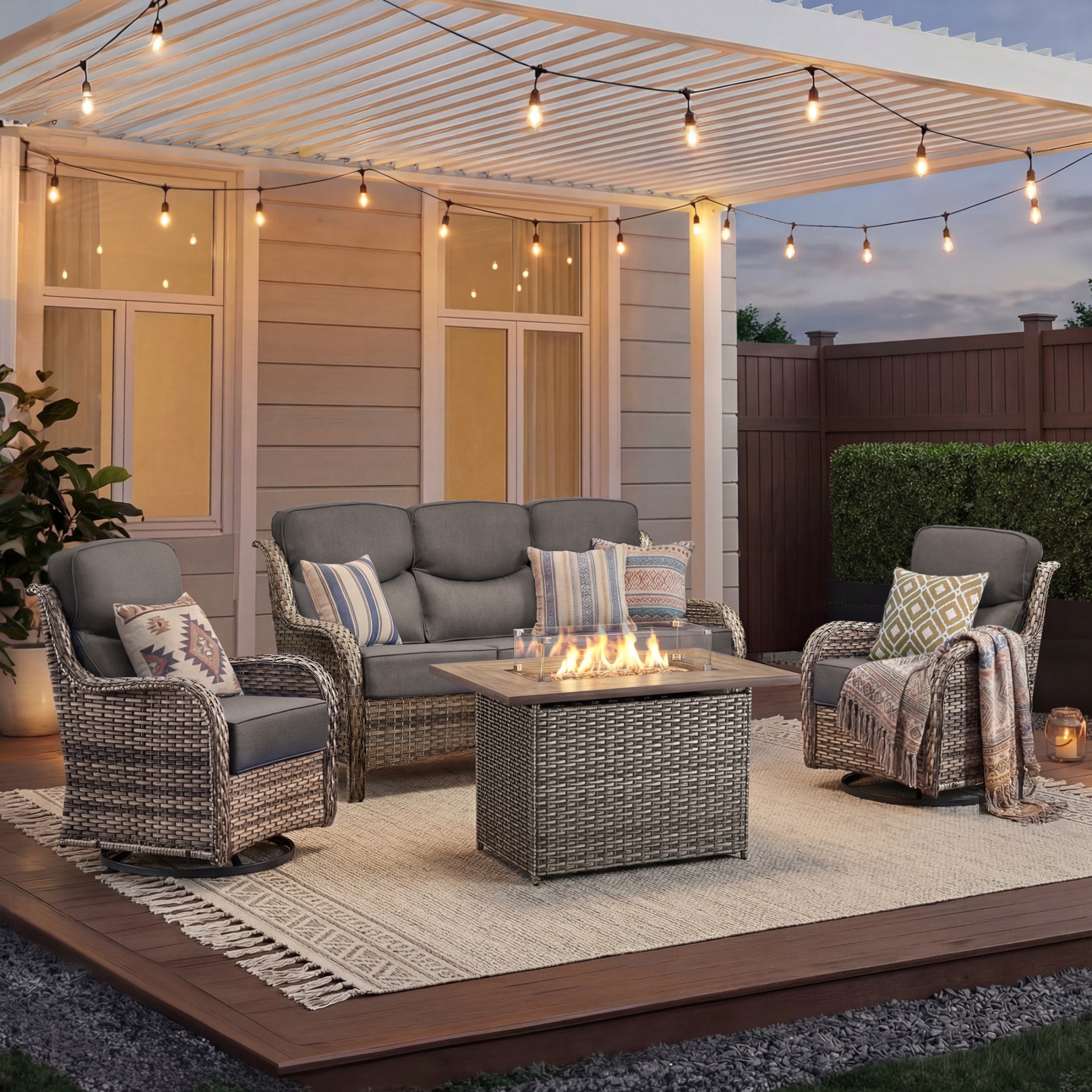 Unnifurnzi 4 Pieces Patio Furniture Set with Fire Pit Table-High Back Outdoor Swivel Chairs Set of 2 with Outdoor Wicker Couch Patio Conversation Sets for Deck Porch Poolside