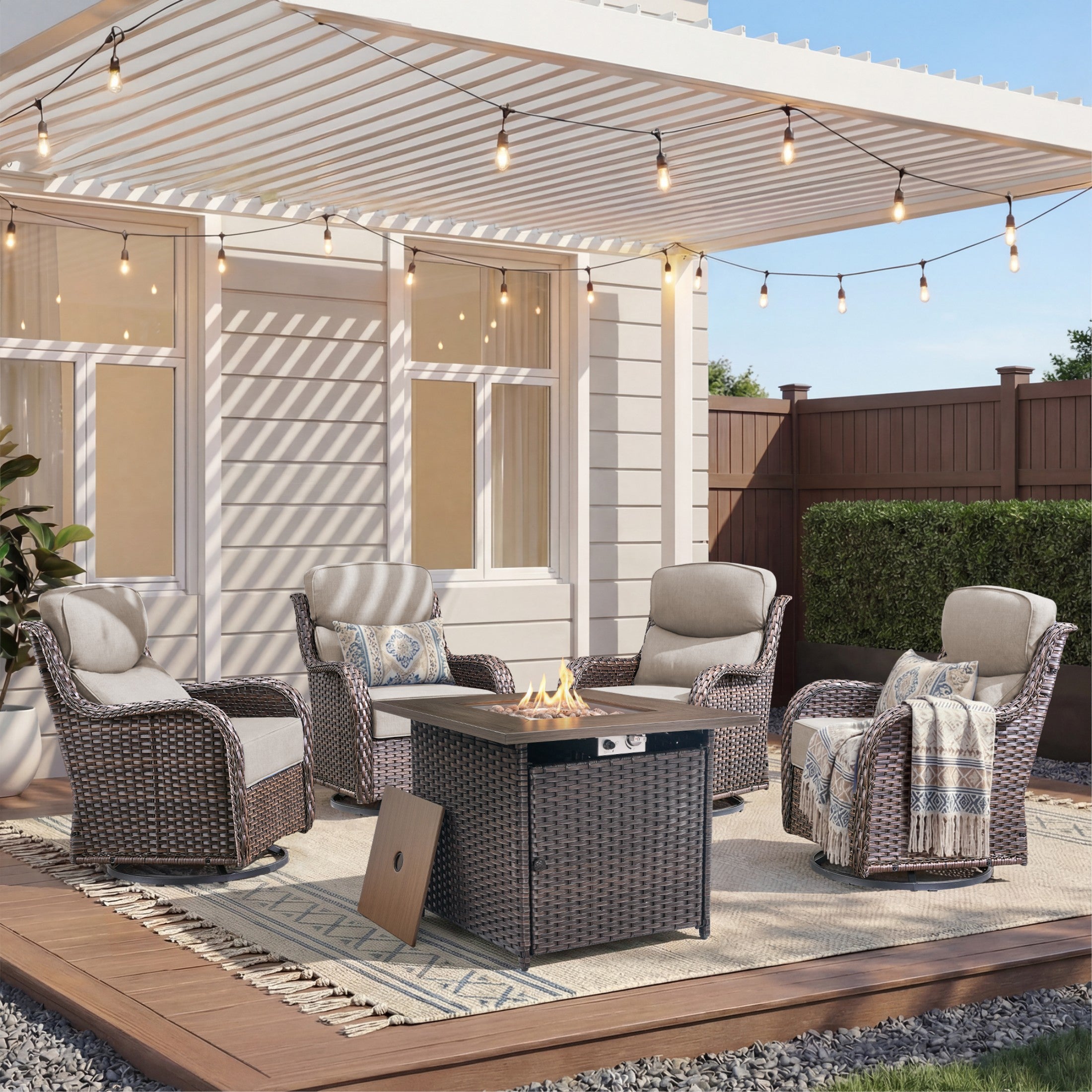 Unnifurnzi 4 Pieces Patio Furniture Set with Fire Pit Table-High Back Outdoor Swivel Chairs Set of 2 with Outdoor Wicker Couch Patio Conversation Sets for Deck Porch Poolside