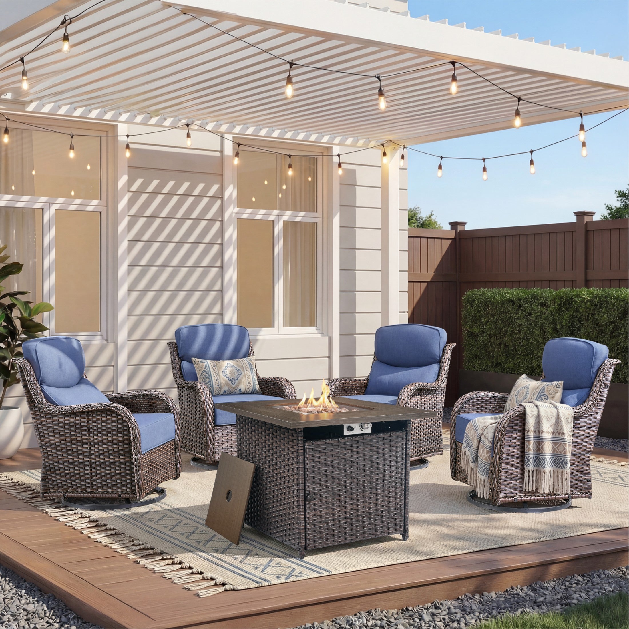Unnifurnzi 4 Pieces Patio Furniture Set with Fire Pit Table-High Back Outdoor Swivel Chairs Set of 2 with Outdoor Wicker Couch Patio Conversation Sets for Deck Porch Poolside