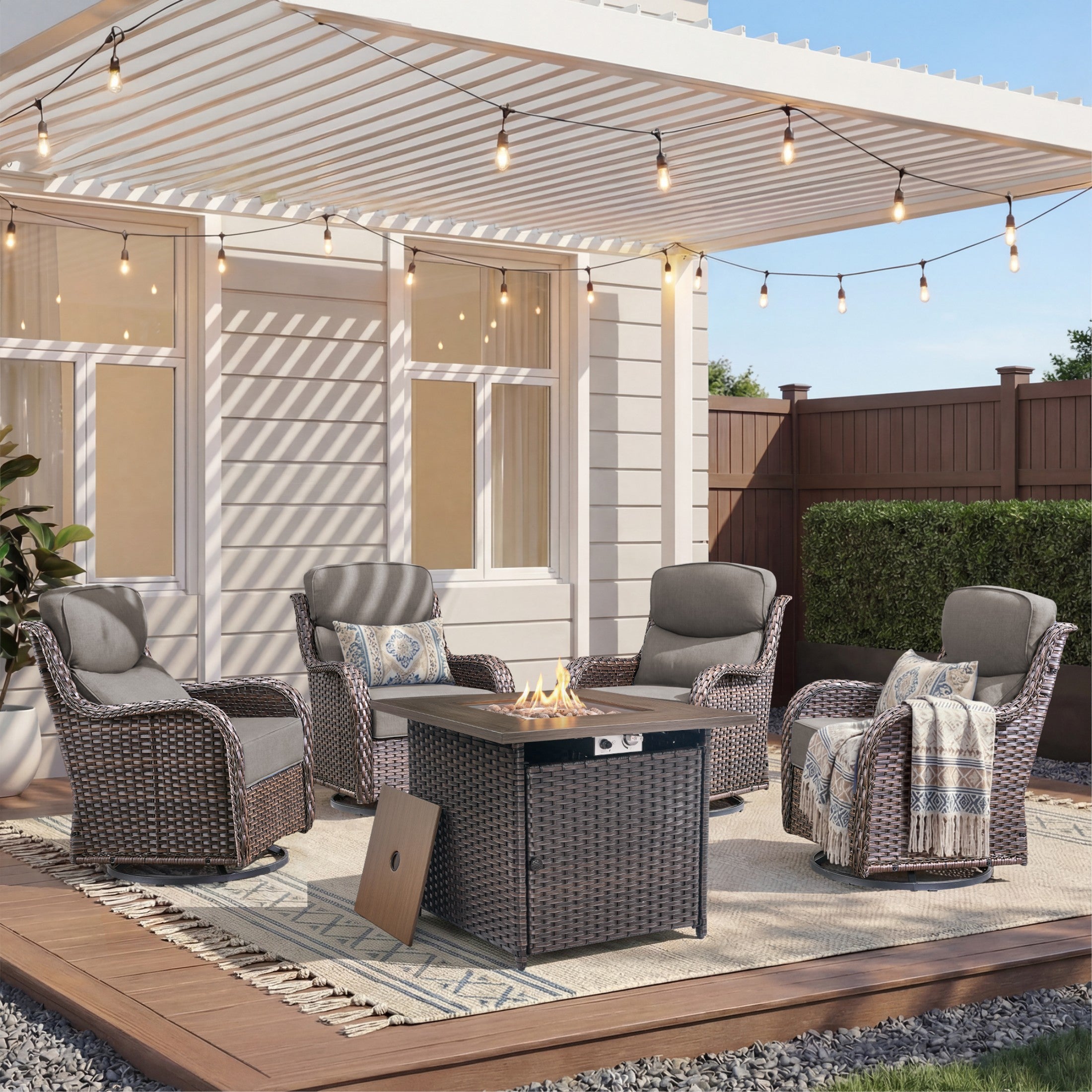 Unnifurnzi 4 Pieces Patio Furniture Set with Fire Pit Table-High Back Outdoor Swivel Chairs Set of 2 with Outdoor Wicker Couch Patio Conversation Sets for Deck Porch Poolside