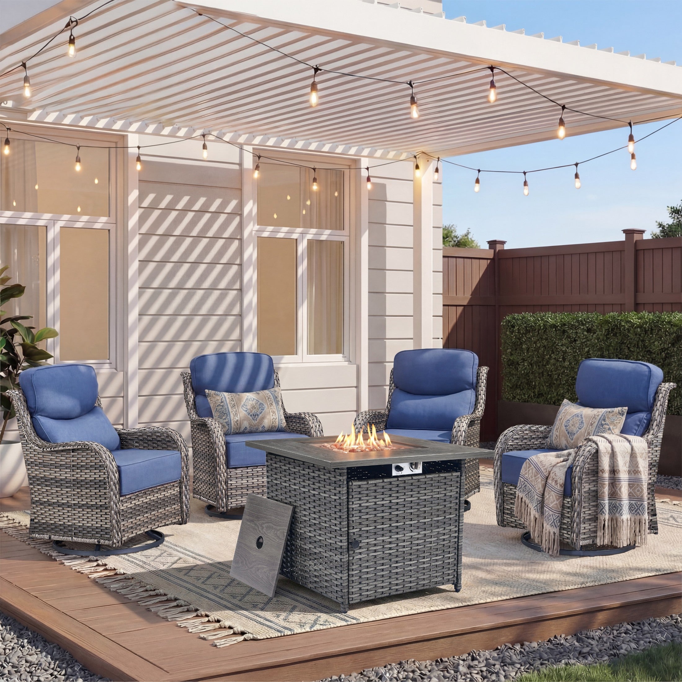 Unnifurnzi 4 Pieces Patio Furniture Set with Fire Pit Table-High Back Outdoor Swivel Chairs Set of 2 with Outdoor Wicker Couch Patio Conversation Sets for Deck Porch Poolside