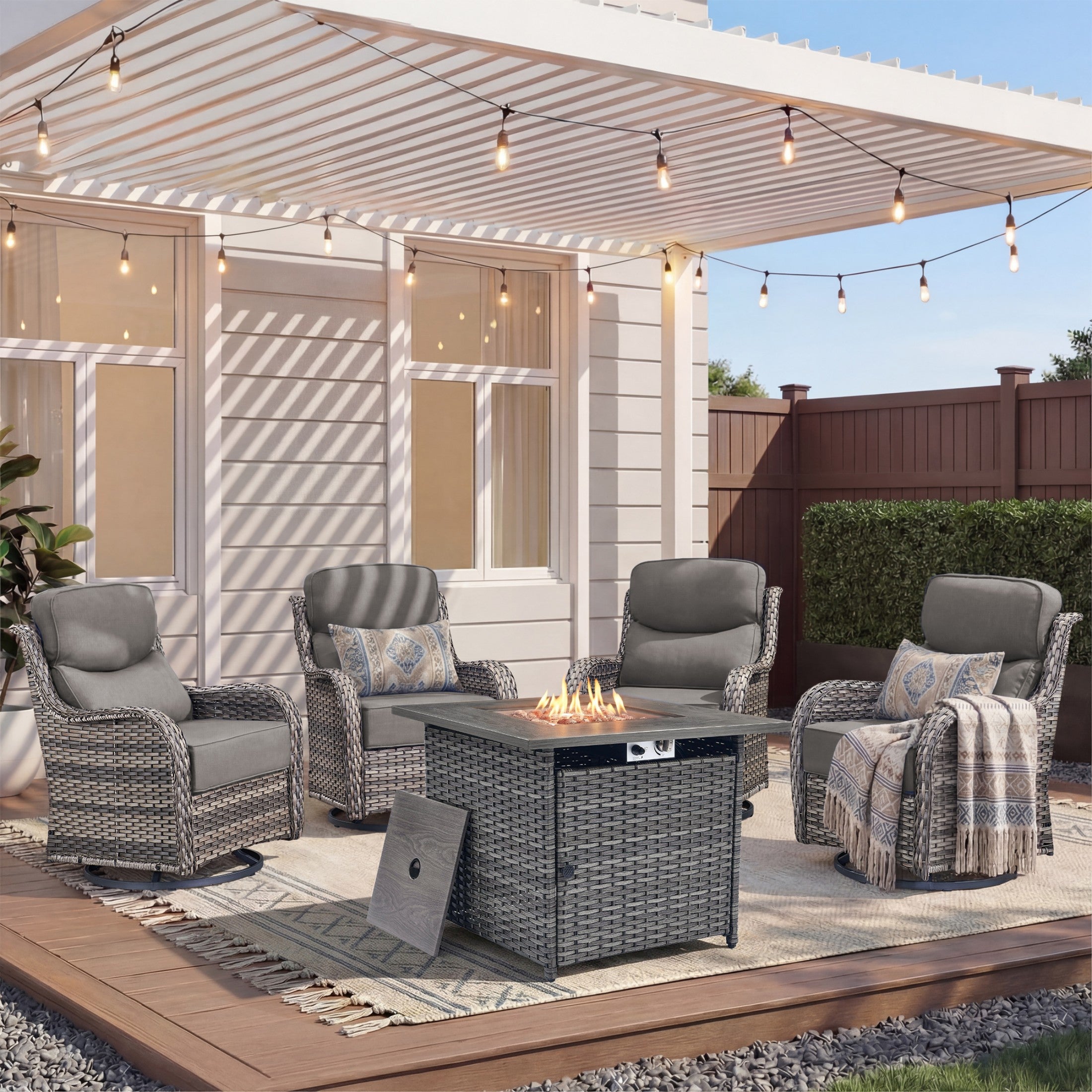 Unnifurnzi 4 Pieces Patio Furniture Set with Fire Pit Table-High Back Outdoor Swivel Chairs Set of 2 with Outdoor Wicker Couch Patio Conversation Sets for Deck Porch Poolside