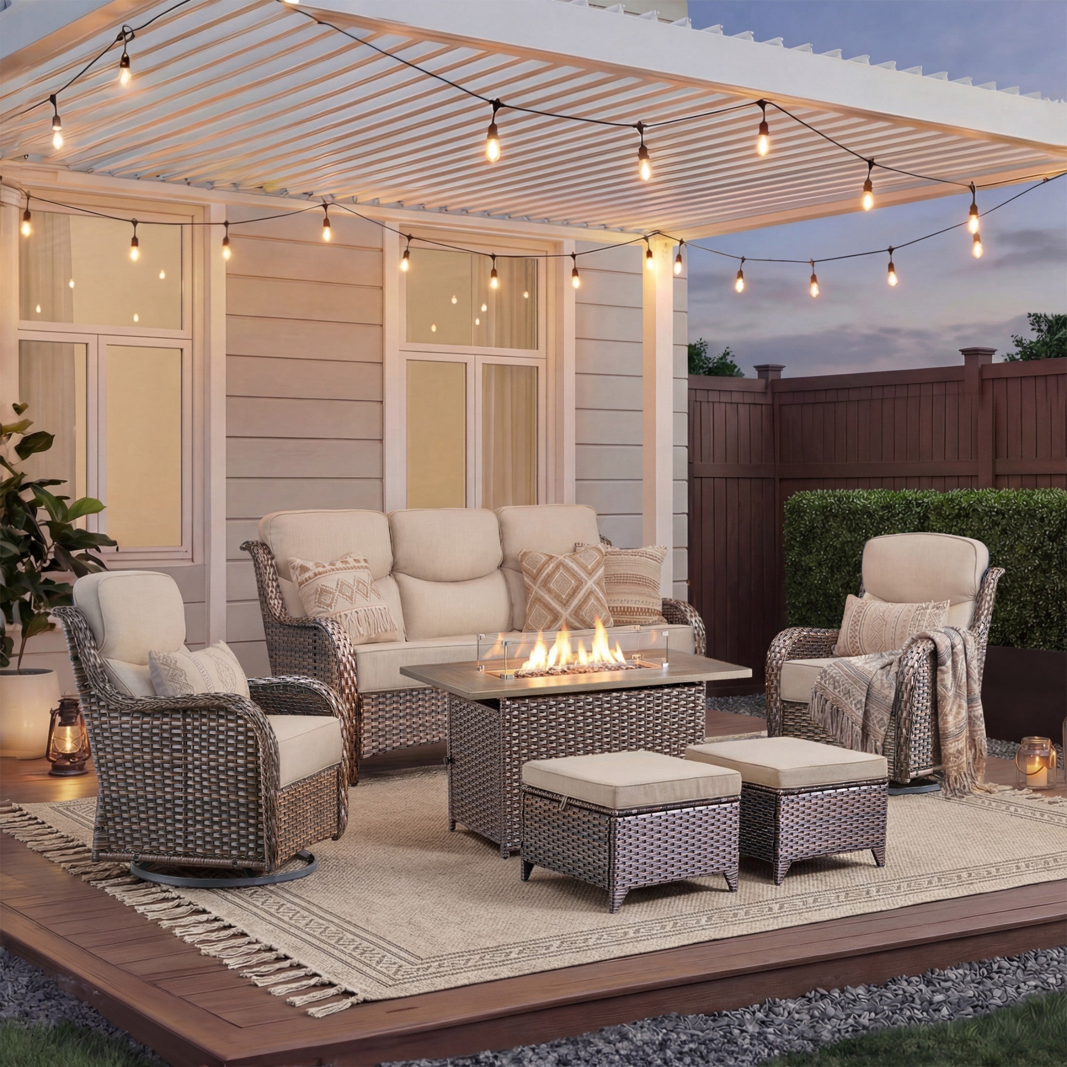 Unnifurnzi 4 Pieces Patio Furniture Set with Fire Pit Table-High Back Outdoor Swivel Chairs Set of 2 with Outdoor Wicker Couch Patio Conversation Sets for Deck Porch Poolside