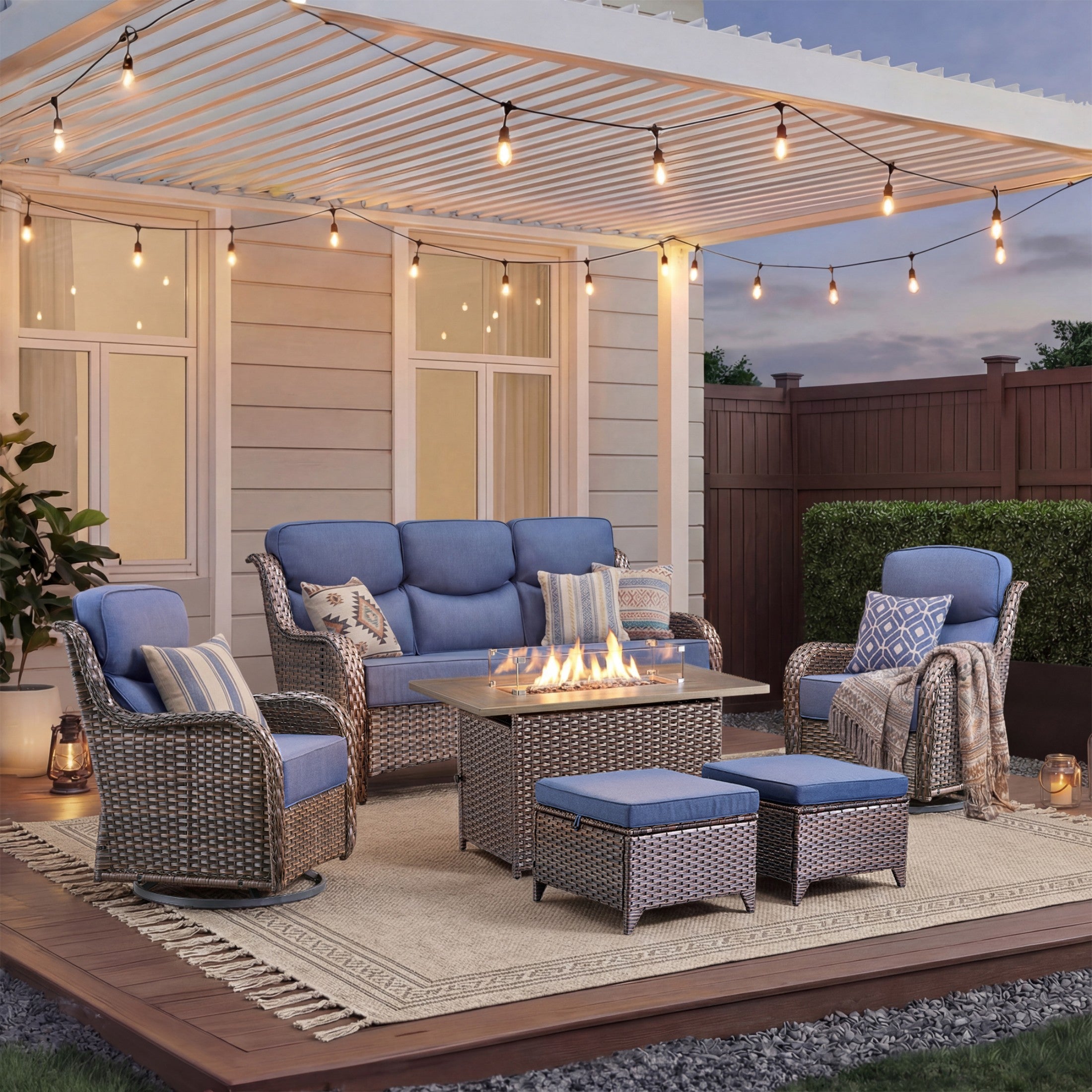 Unnifurnzi 4 Pieces Patio Furniture Set with Fire Pit Table-High Back Outdoor Swivel Chairs Set of 2 with Outdoor Wicker Couch Patio Conversation Sets for Deck Porch Poolside