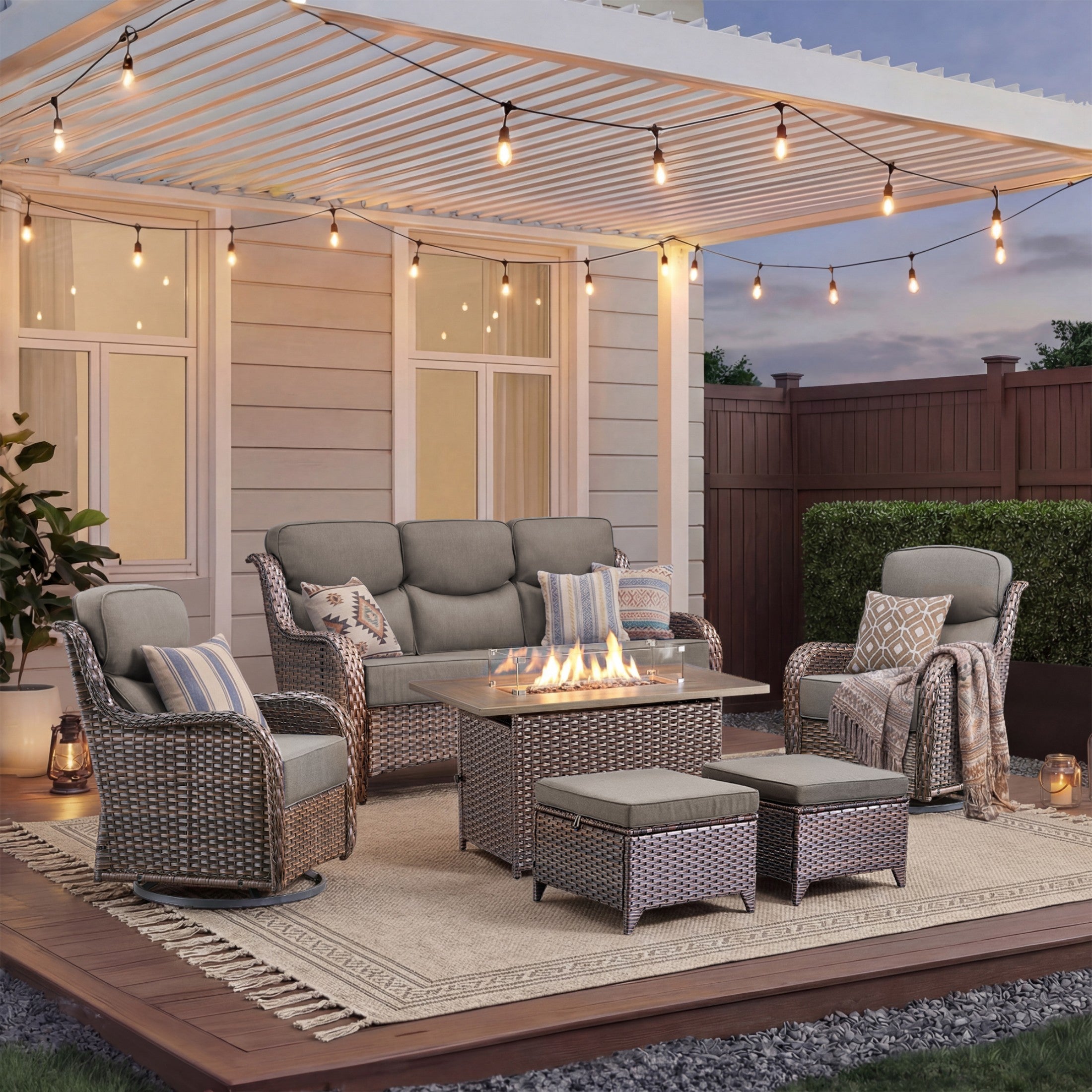 Unnifurnzi 4 Pieces Patio Furniture Set with Fire Pit Table-High Back Outdoor Swivel Chairs Set of 2 with Outdoor Wicker Couch Patio Conversation Sets for Deck Porch Poolside