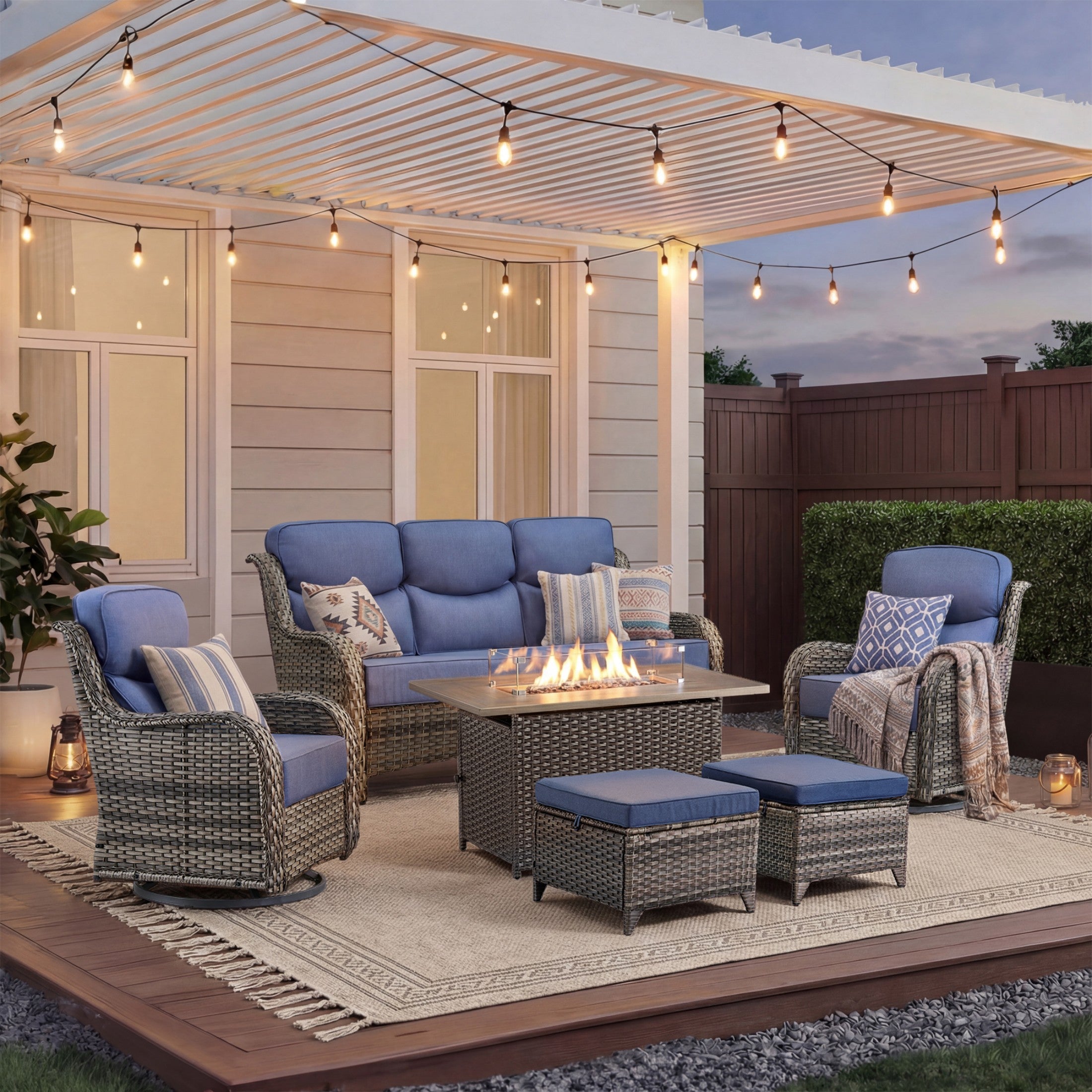 Unnifurnzi 4 Pieces Patio Furniture Set with Fire Pit Table-High Back Outdoor Swivel Chairs Set of 2 with Outdoor Wicker Couch Patio Conversation Sets for Deck Porch Poolside