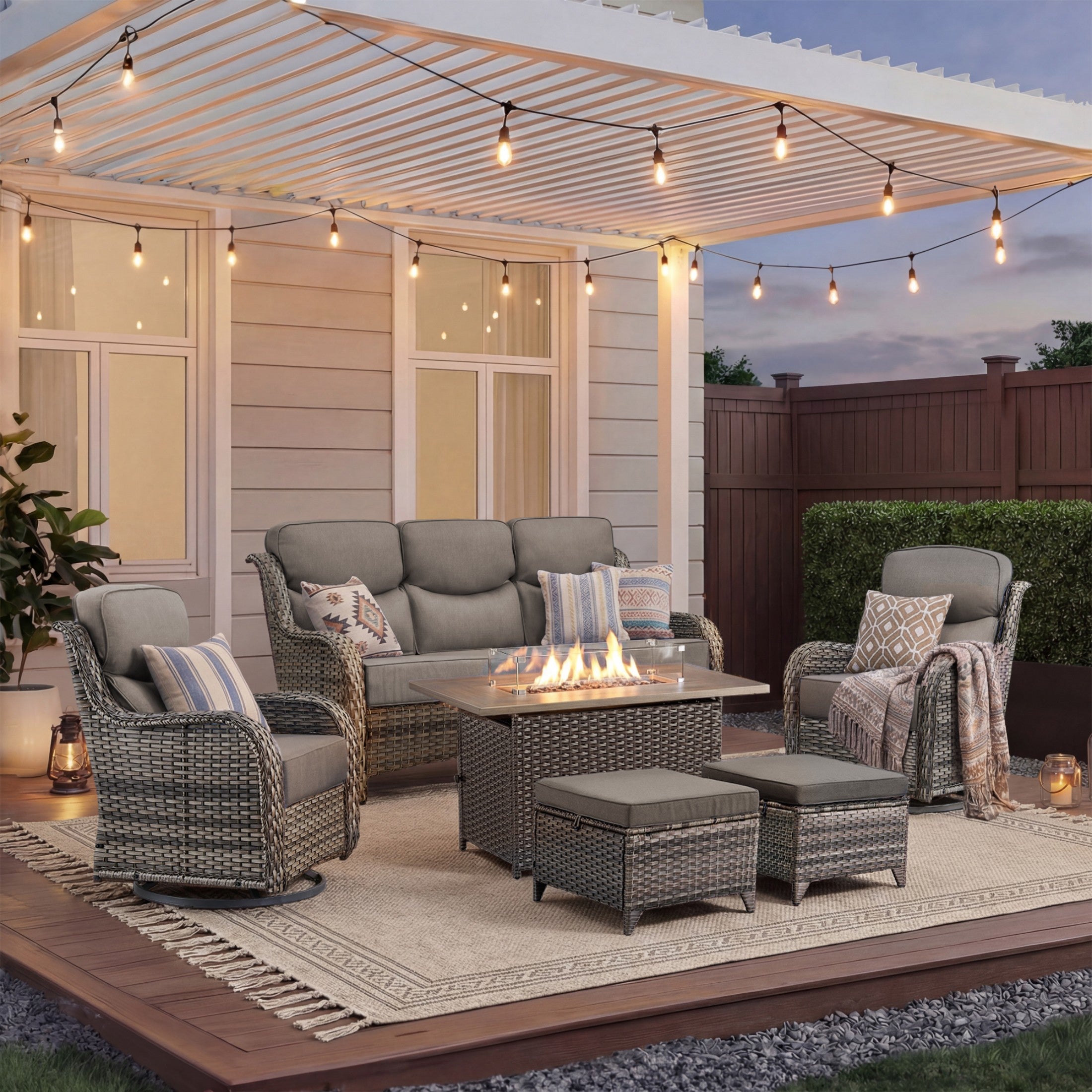 Unnifurnzi 4 Pieces Patio Furniture Set with Fire Pit Table-High Back Outdoor Swivel Chairs Set of 2 with Outdoor Wicker Couch Patio Conversation Sets for Deck Porch Poolside