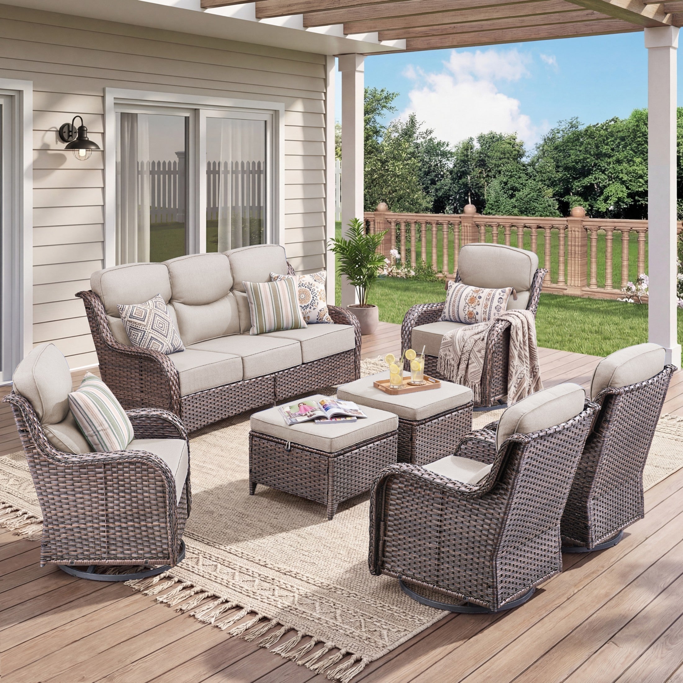 Unnifurnzi 4 Pieces Patio Furniture Set-High Back Outdoor Swivel Chairs Set of 2 with Outdoor Wicker Couch Patio Conversation Sets for Deck Porch Poolside Balcony