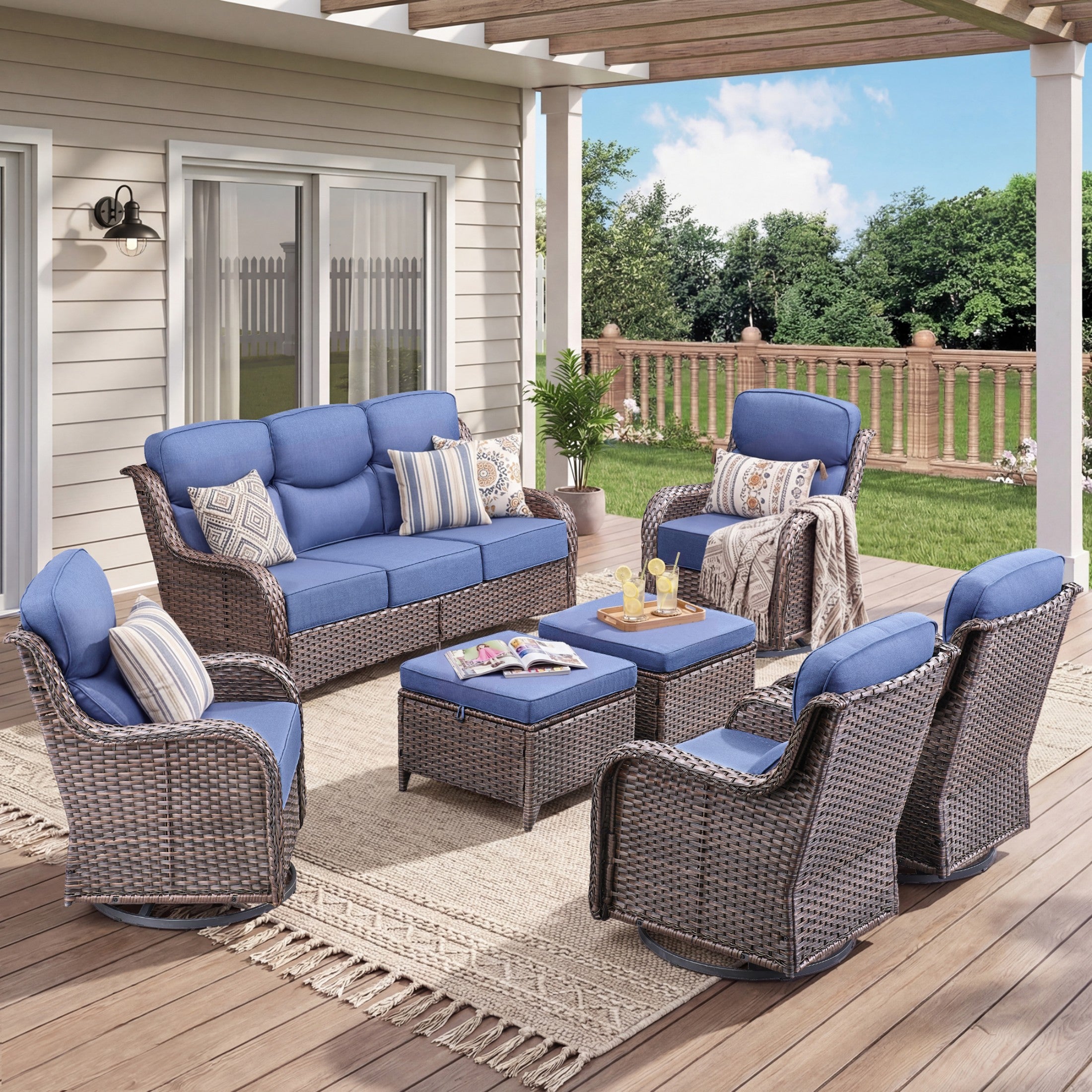 Unnifurnzi 4 Pieces Patio Furniture Set-High Back Outdoor Swivel Chairs Set of 2 with Outdoor Wicker Couch Patio Conversation Sets for Deck Porch Poolside Balcony