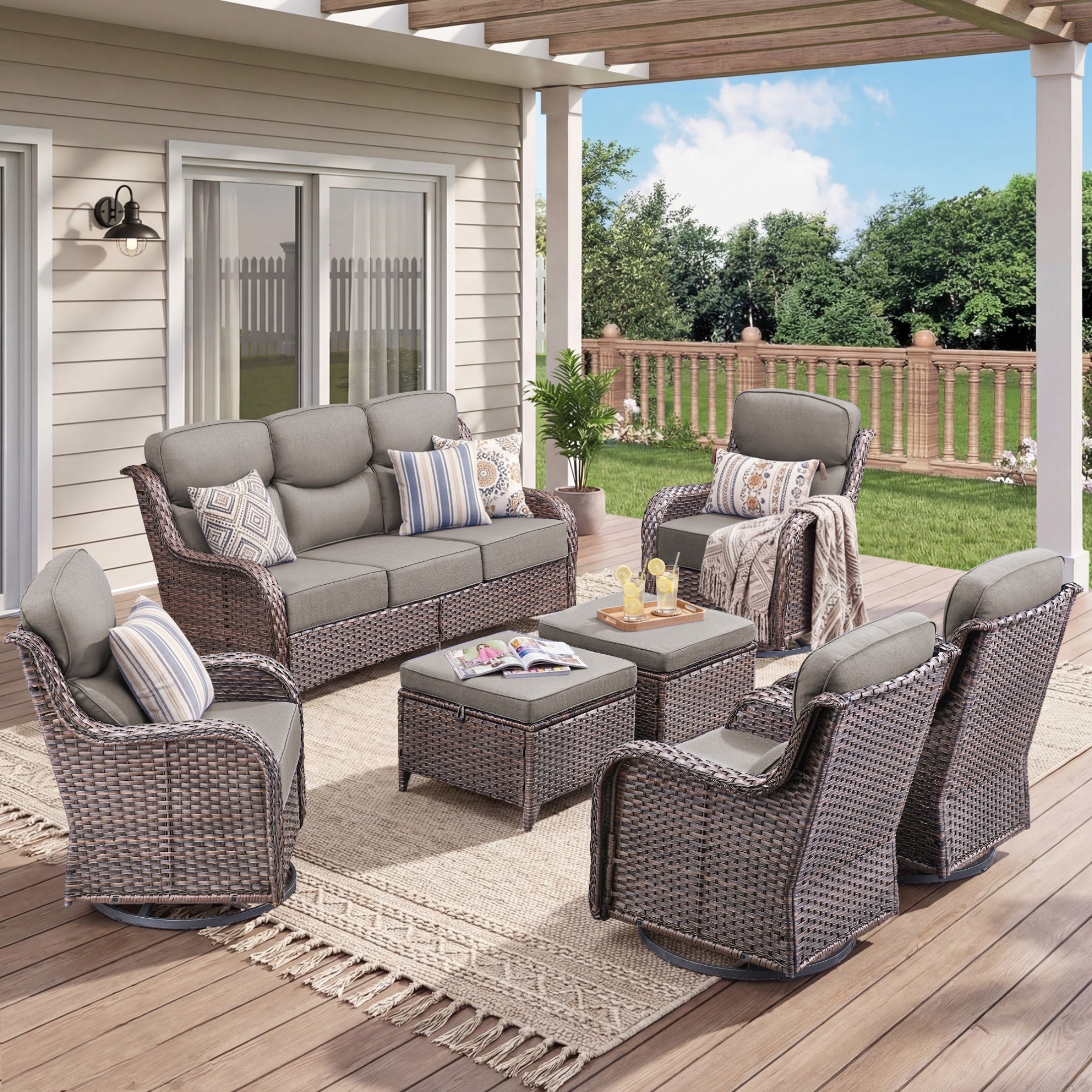 Unnifurnzi 4 Pieces Patio Furniture Set-High Back Outdoor Swivel Chairs Set of 2 with Outdoor Wicker Couch Patio Conversation Sets for Deck Porch Poolside Balcony