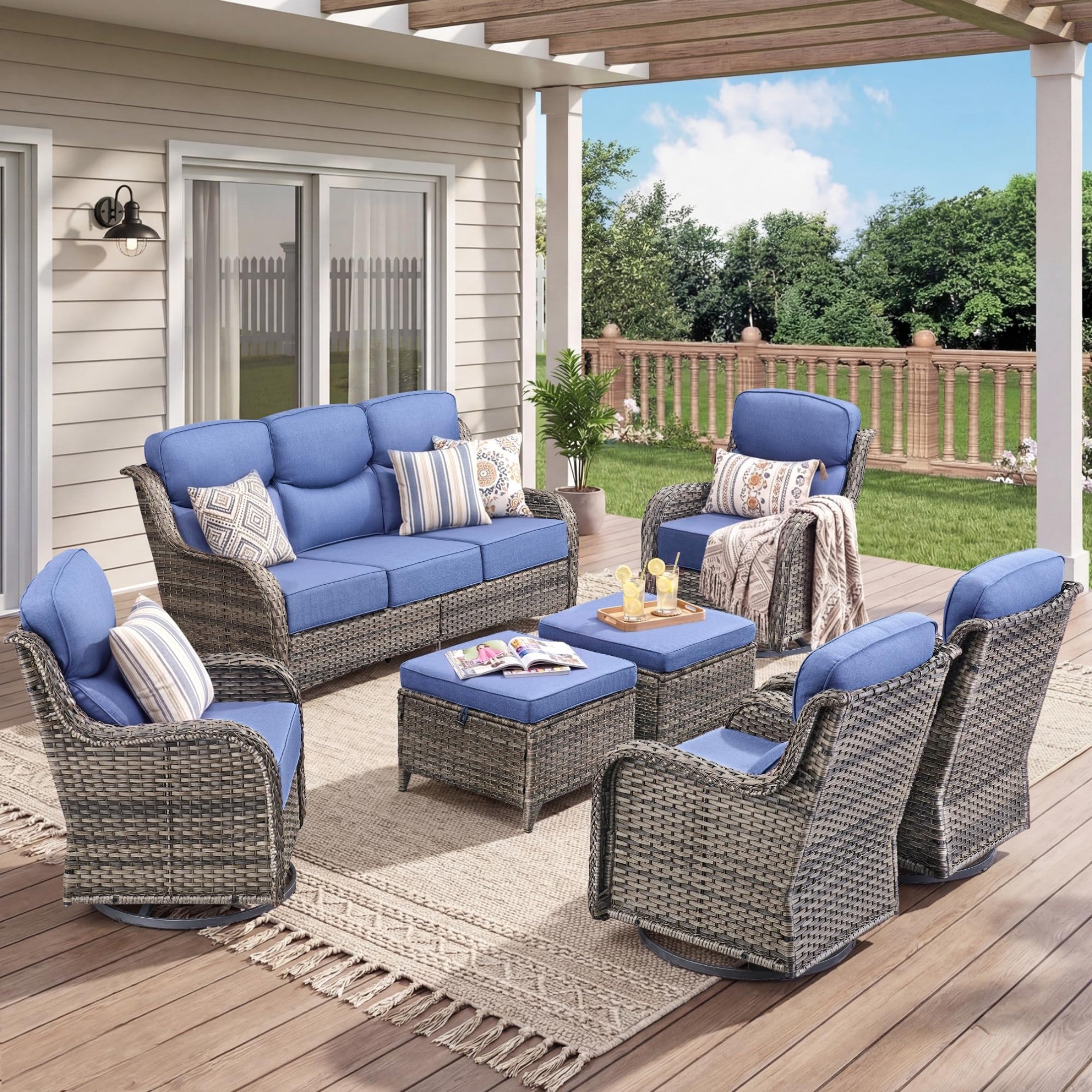 Unnifurnzi 4 Pieces Patio Furniture Set-High Back Outdoor Swivel Chairs Set of 2 with Outdoor Wicker Couch Patio Conversation Sets for Deck Porch Poolside Balcony