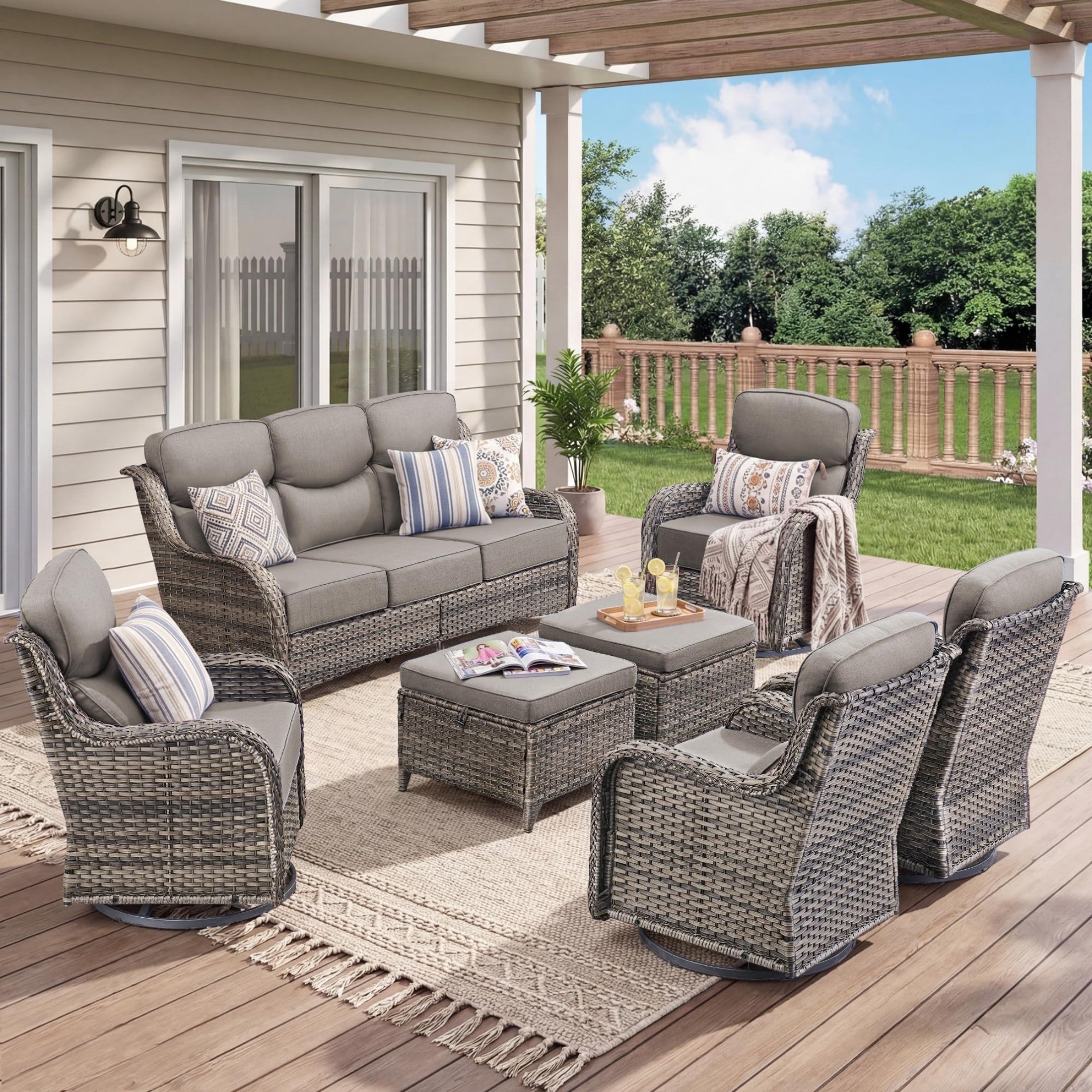 Unnifurnzi 4 Pieces Patio Furniture Set-High Back Outdoor Swivel Chairs Set of 2 with Outdoor Wicker Couch Patio Conversation Sets for Deck Porch Poolside Balcony