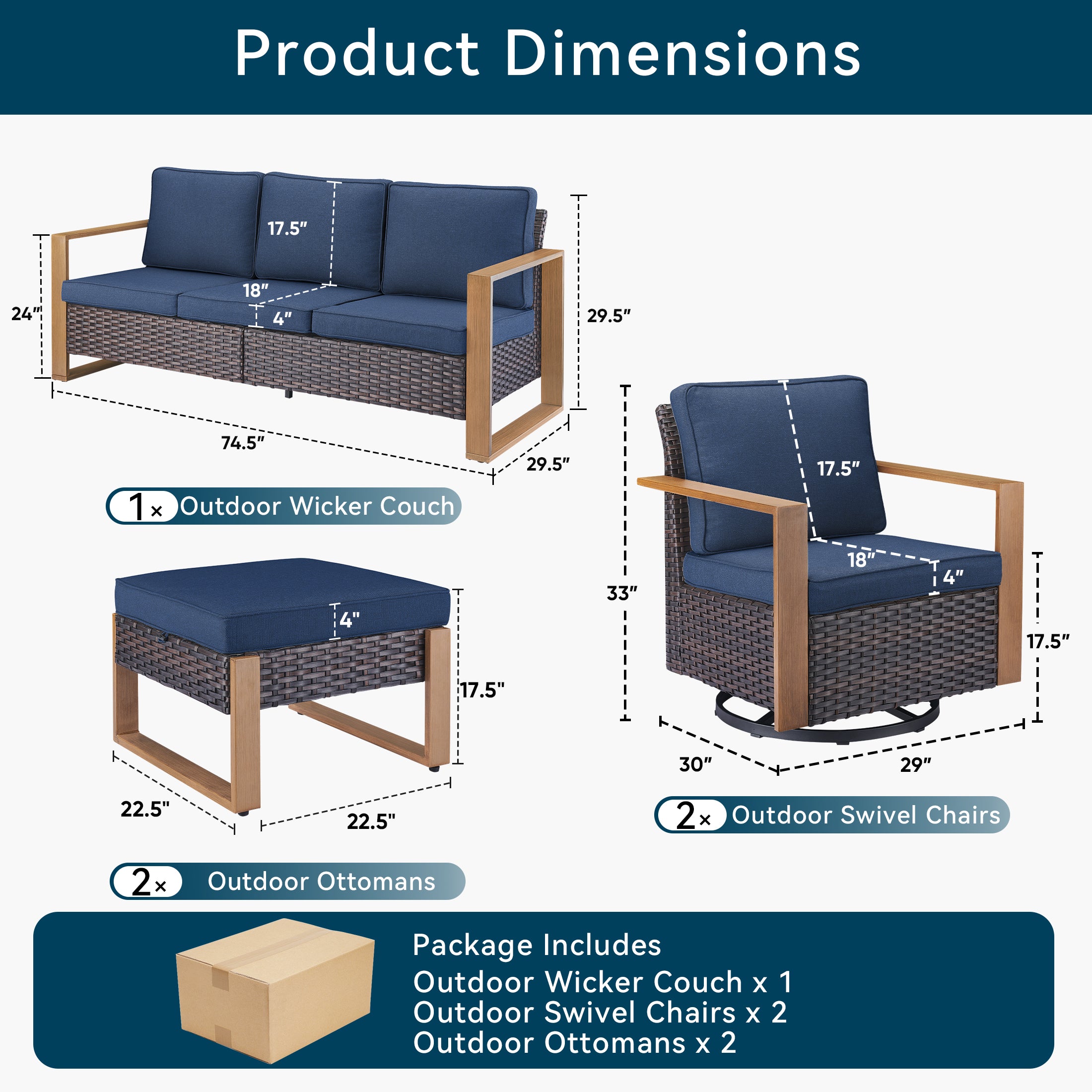 Unnifurnzi 5 Pieces Patio Furniture Set-High Back Outdoor Swivel Rocker Patio Chairs with Outdoor Couch Outdoor Patio Furniture Set for Garden Backyard Balcony Poolside