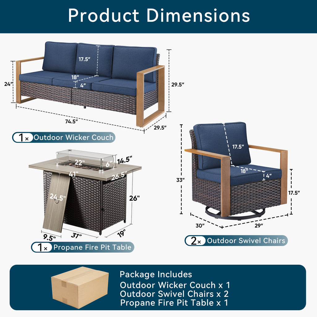Unnifurnzi 4 Pieces Patio Furniture Set with Fire Pit-All Weather Wicker Outdoor Swivel Chair with Outdoor Couch Outdoor Furniture for Garden Backyard Balcony Poolside