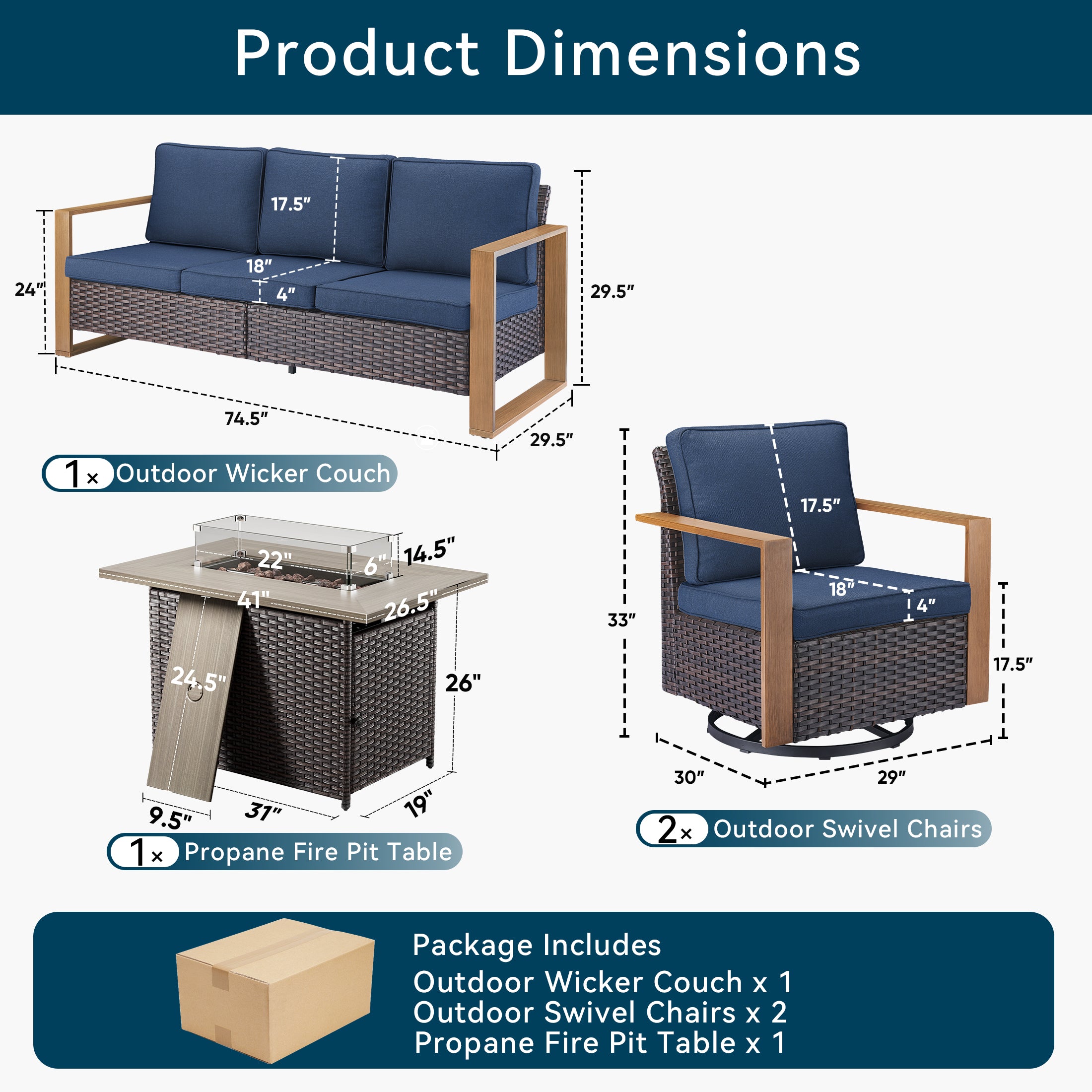 Unnifurnzi 4 Pieces Patio Furniture Set with Fire Pit-All Weather Wicker Outdoor Swivel Chair with Outdoor Couch Outdoor Furniture for Garden Backyard Balcony Poolside