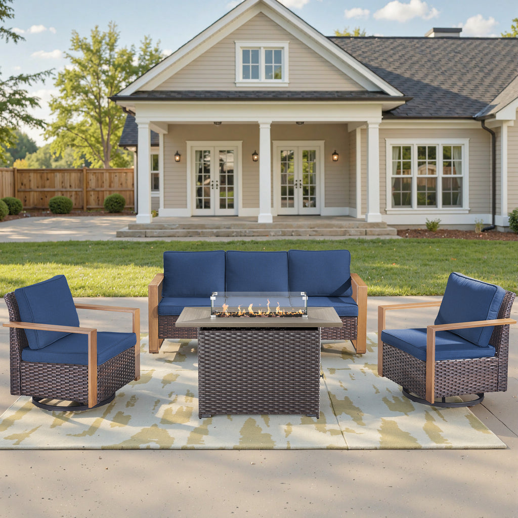 Unnifurnzi 4 Pieces Patio Furniture Set with Fire Pit-All Weather Wicker Outdoor Swivel Chair with Outdoor Couch Outdoor Furniture for Garden Backyard Balcony Poolside
