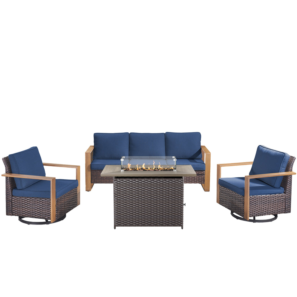 Unnifurnzi 4 Pieces Patio Furniture Set with Fire Pit-All Weather Wicker Outdoor Swivel Chair with Outdoor Couch Outdoor Furniture for Garden Backyard Balcony Poolside