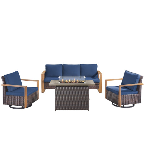 Unnifurnzi 4 Pieces Patio Furniture Set with Fire Pit-All Weather Wicker Outdoor Swivel Chair with Outdoor Couch Outdoor Furniture for Garden Backyard Balcony Poolside