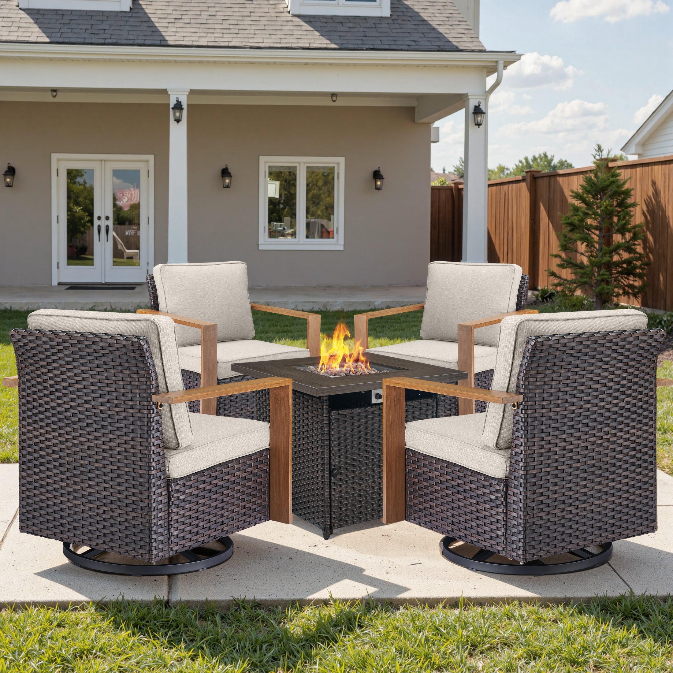 Unnifurnzi 4 Pieces Patio Furniture Set with Fire Pit-All Weather Wicker Outdoor Swivel Chair with Outdoor Couch Outdoor Furniture for Garden Backyard Balcony Poolside