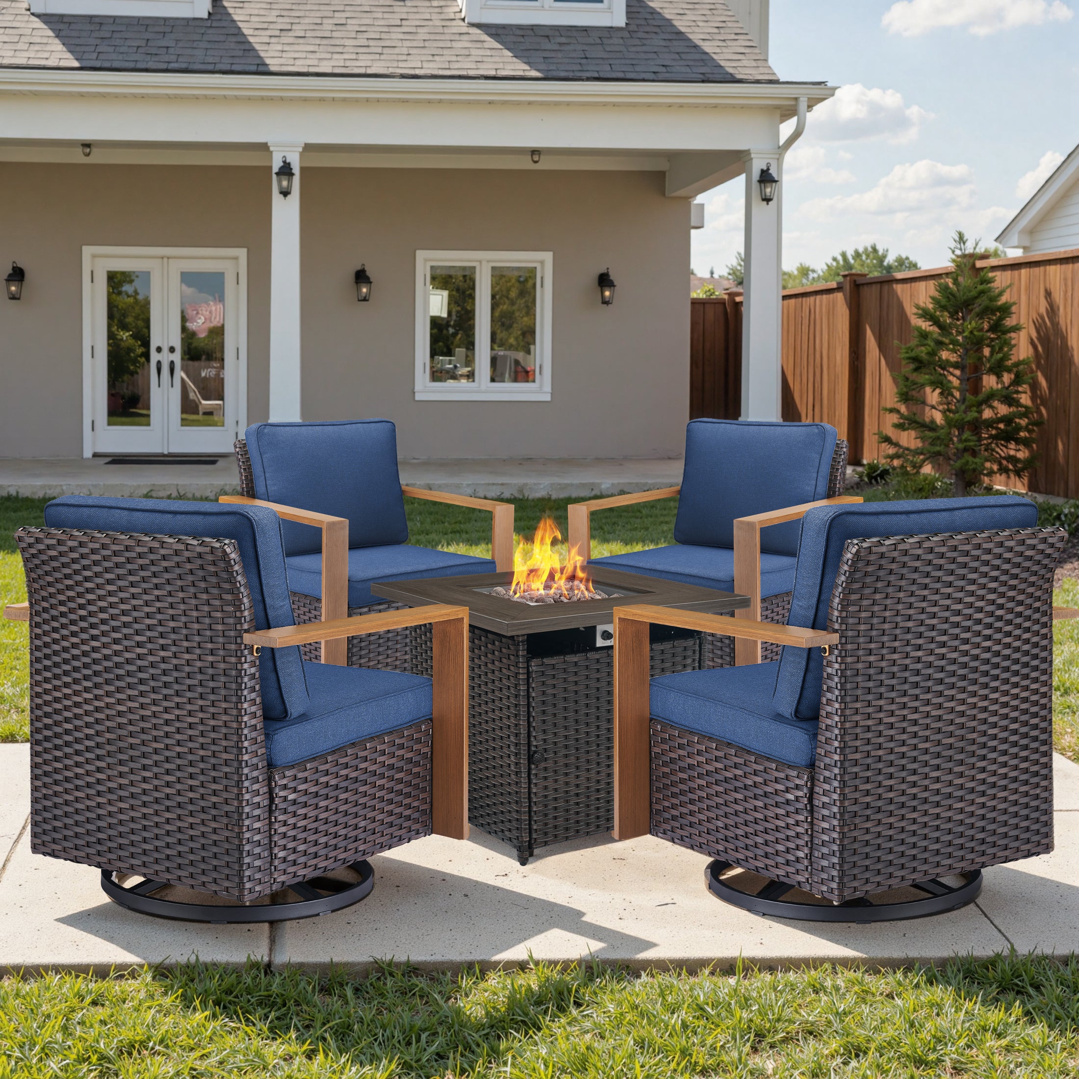 Unnifurnzi 4 Pieces Patio Furniture Set with Fire Pit-All Weather Wicker Outdoor Swivel Chair with Outdoor Couch Outdoor Furniture for Garden Backyard Balcony Poolside